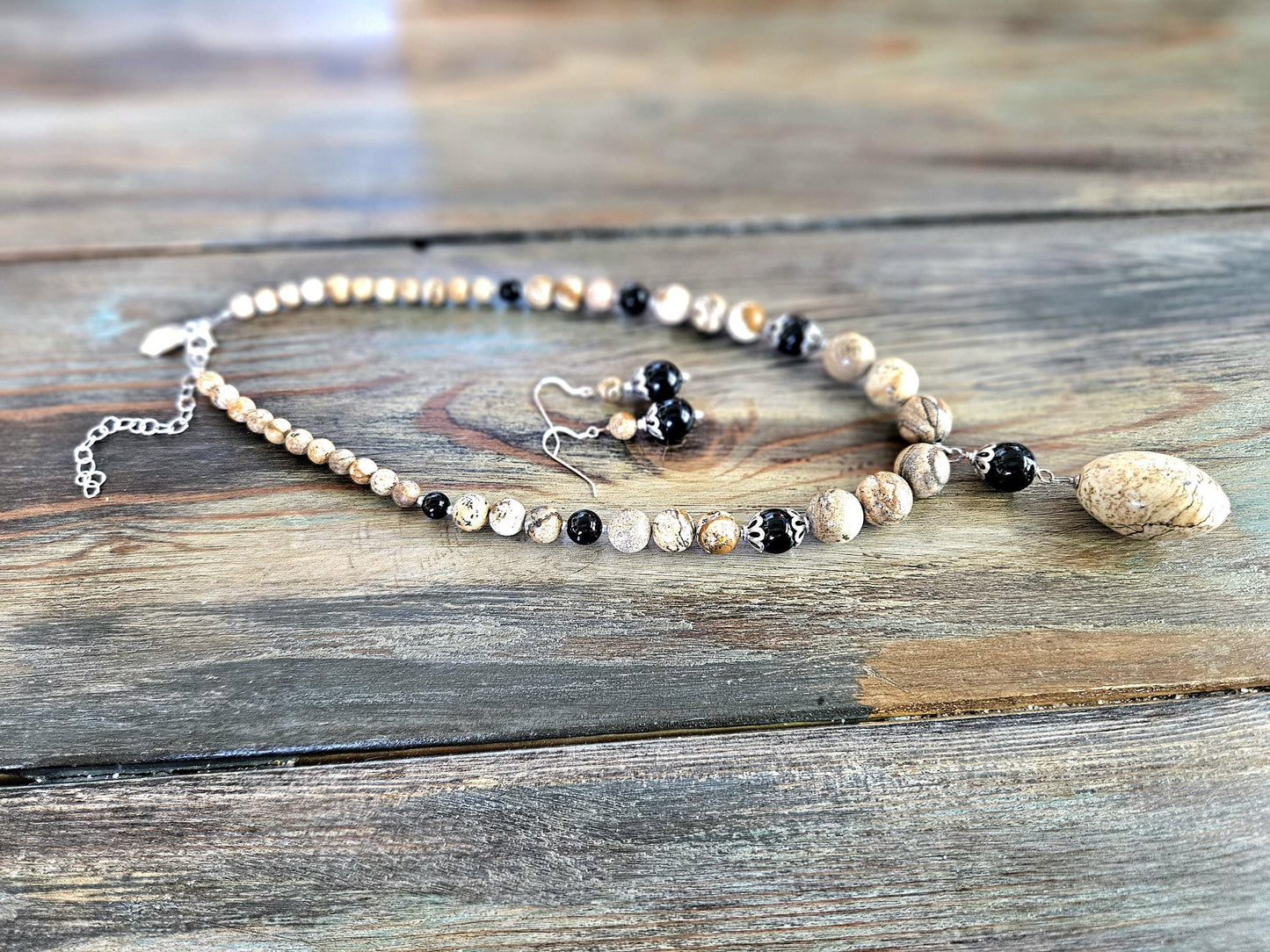 Gemstone Statement Necklace Jasper Black Onyx Sterling Silver: Matching Jewelry Set, Necklace and Earrings