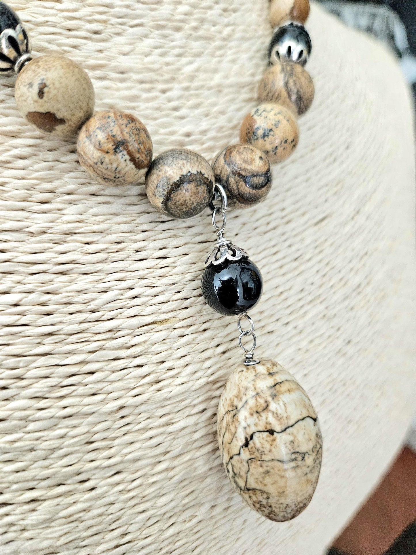 Gemstone Statement Necklace Jasper Black Onyx Sterling Silver: Matching Jewelry Set, Necklace and Earrings