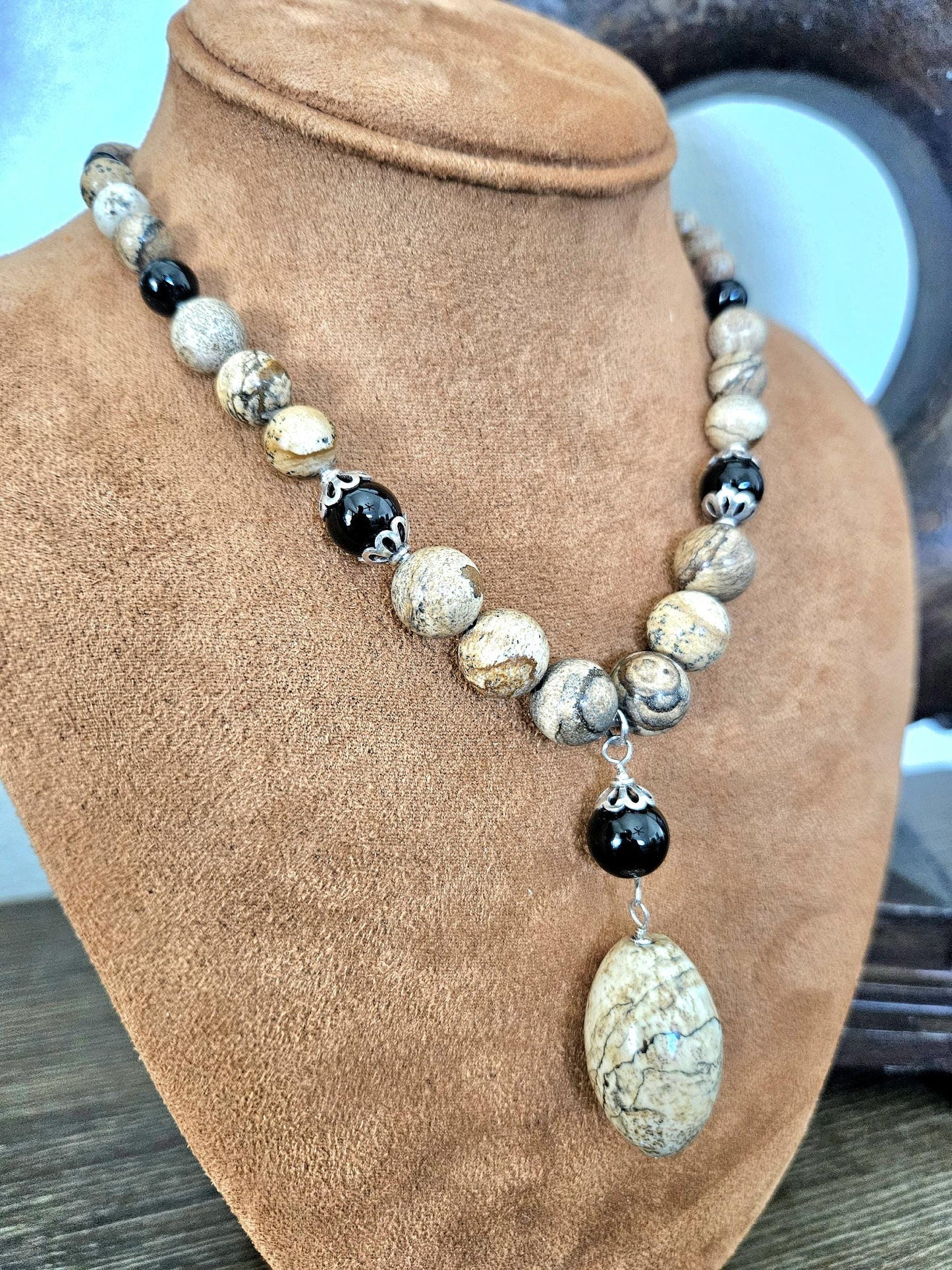 Gemstone Statement Necklace Jasper Black Onyx Sterling Silver: Matching Jewelry Set, Necklace and Earrings