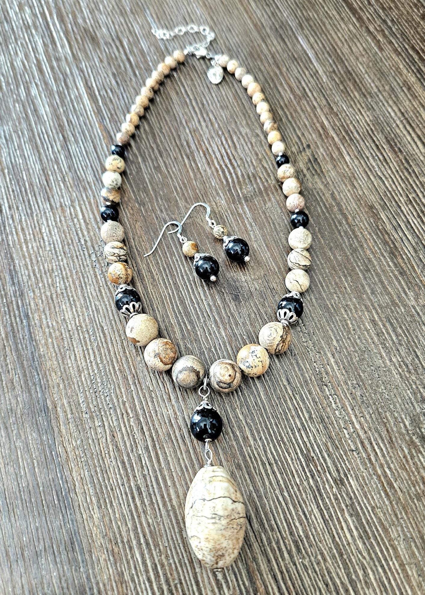 Gemstone Statement Necklace Jasper Black Onyx Sterling Silver: Matching Jewelry Set, Necklace and Earrings