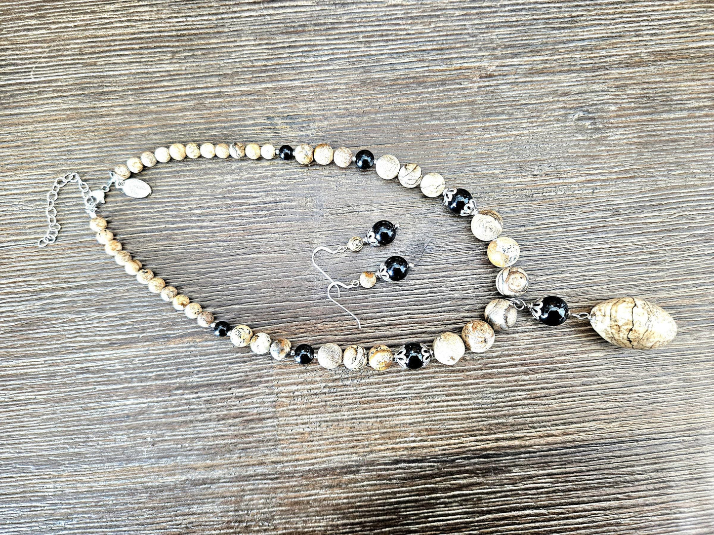 Gemstone Statement Necklace Jasper Black Onyx Sterling Silver: Matching Jewelry Set, Necklace and Earrings