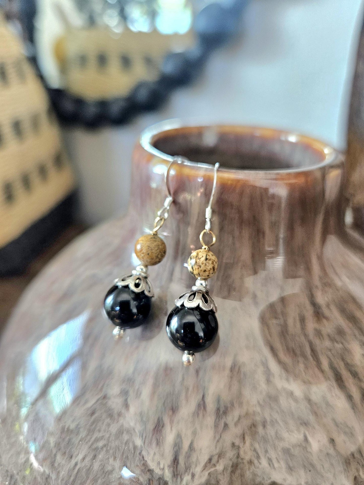 Gemstone Statement Necklace Jasper Black Onyx Sterling Silver: Matching Jewelry Set, Necklace and Earrings