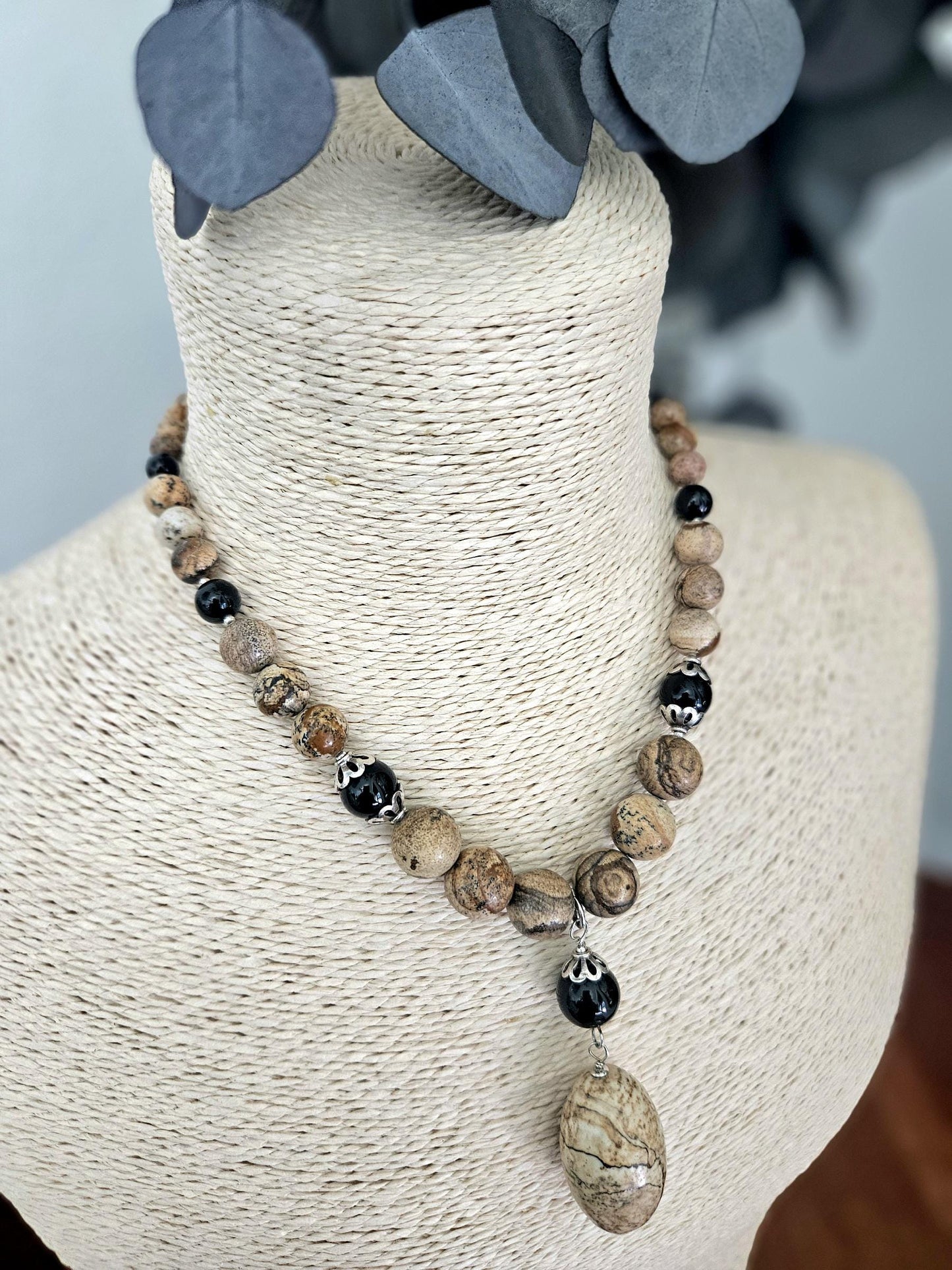 Gemstone Statement Necklace Jasper Black Onyx Sterling Silver: Matching Jewelry Set, Necklace and Earrings