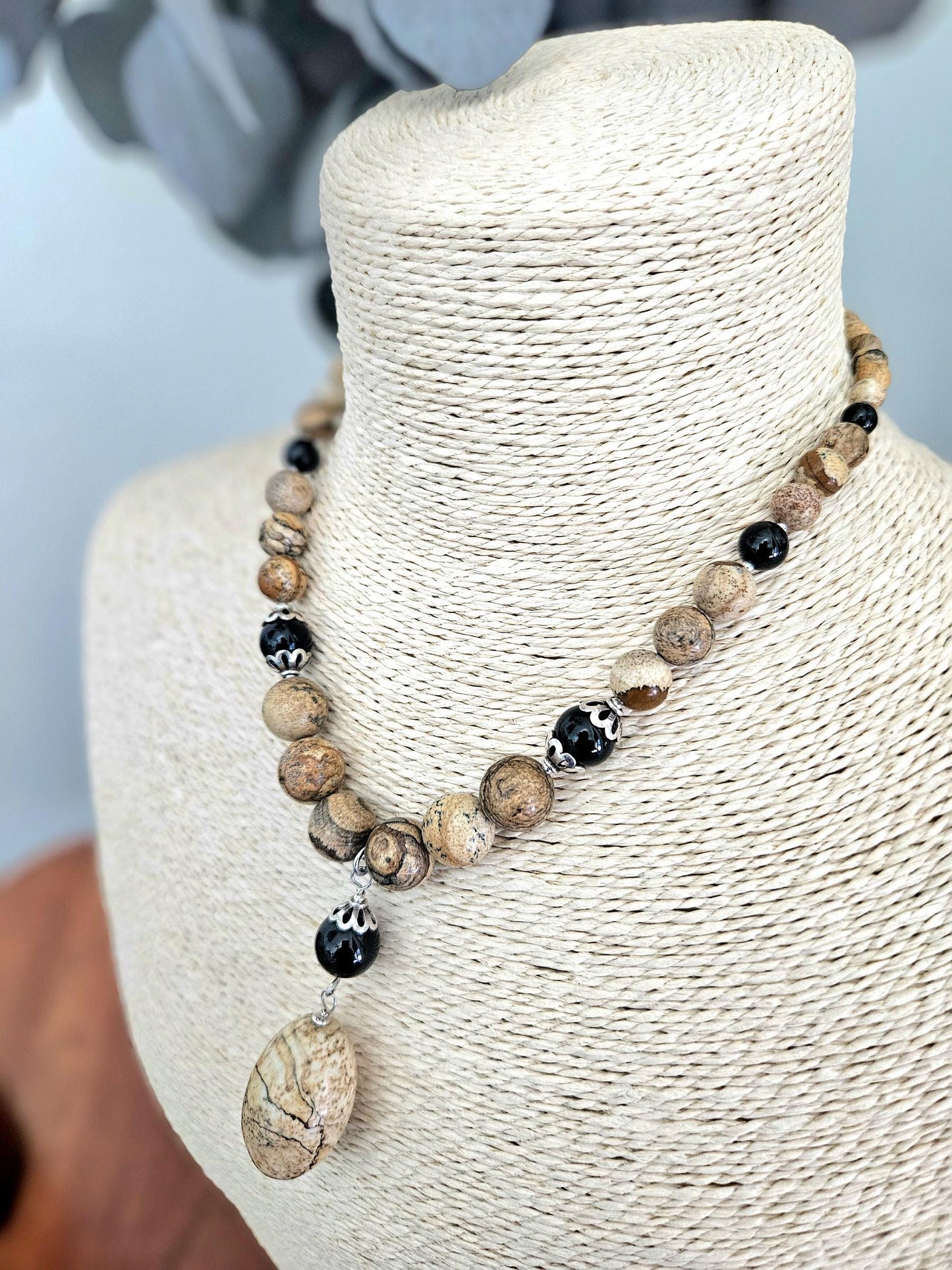 Gemstone Statement Necklace Jasper Black Onyx Sterling Silver: Matching Jewelry Set, Necklace and Earrings