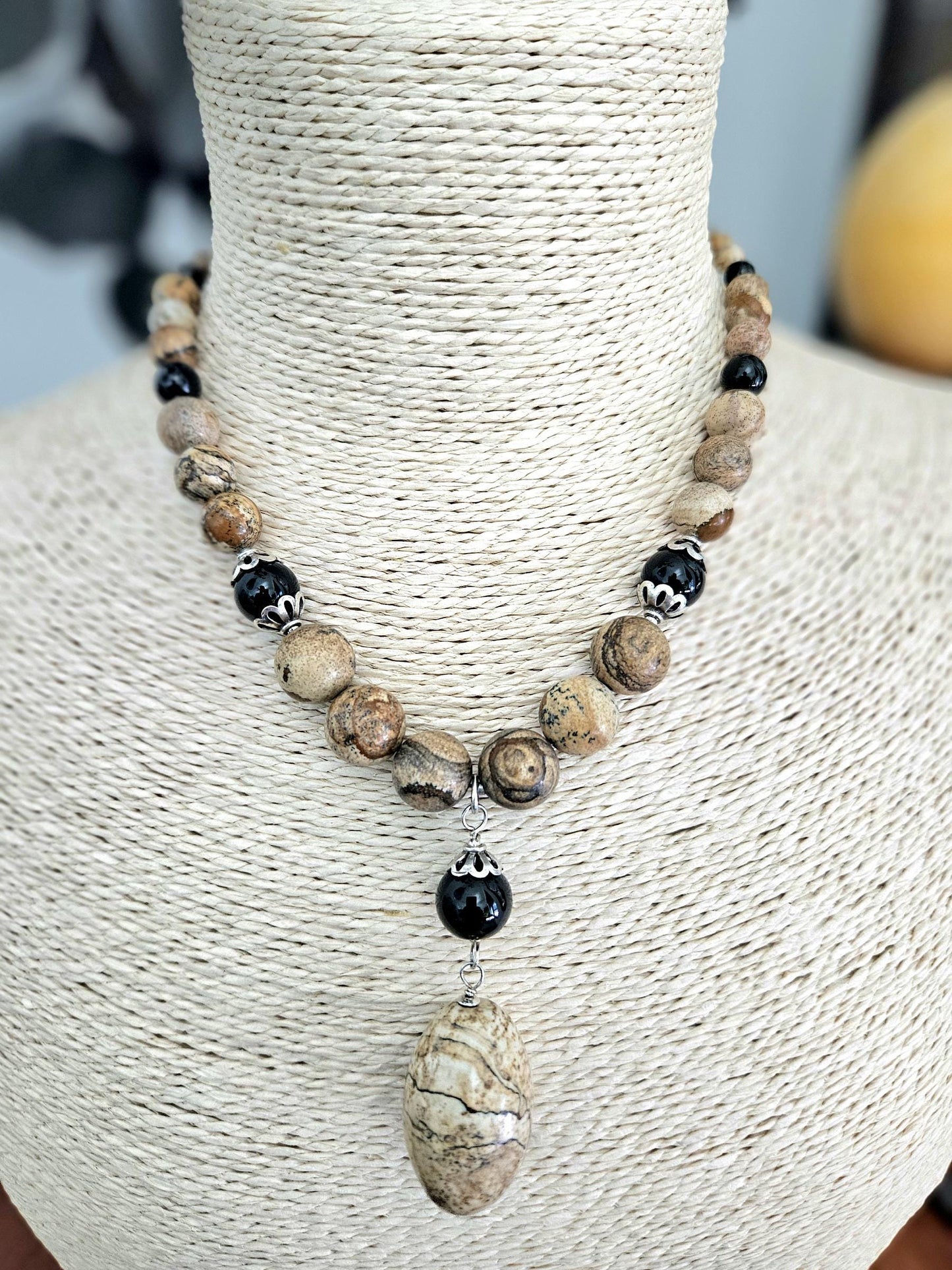 Gemstone Statement Necklace Jasper Black Onyx Sterling Silver: Matching Jewelry Set, Necklace and Earrings