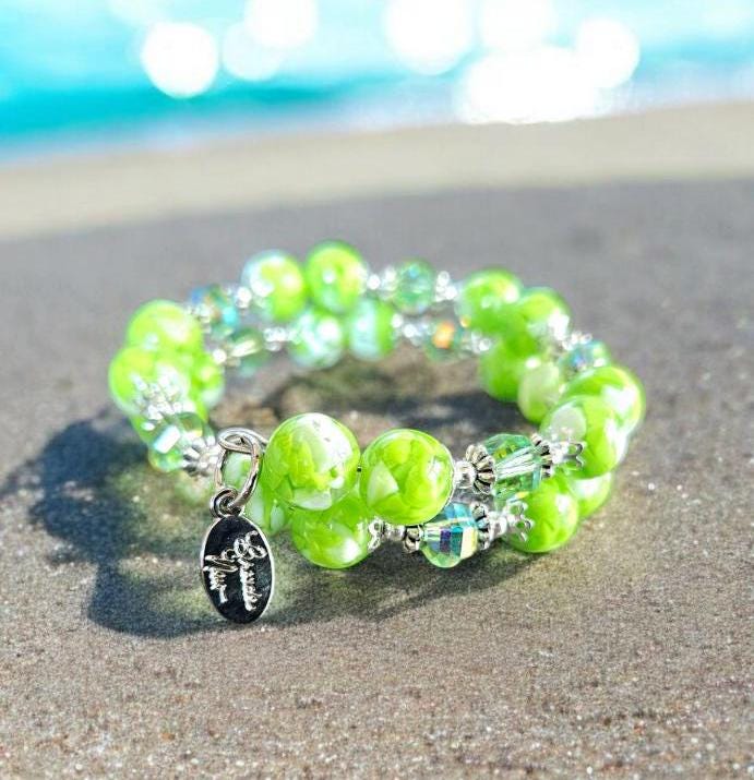 Lime Green Beaded Bracelet: Resin, Glass, Silver Cuff Bangle