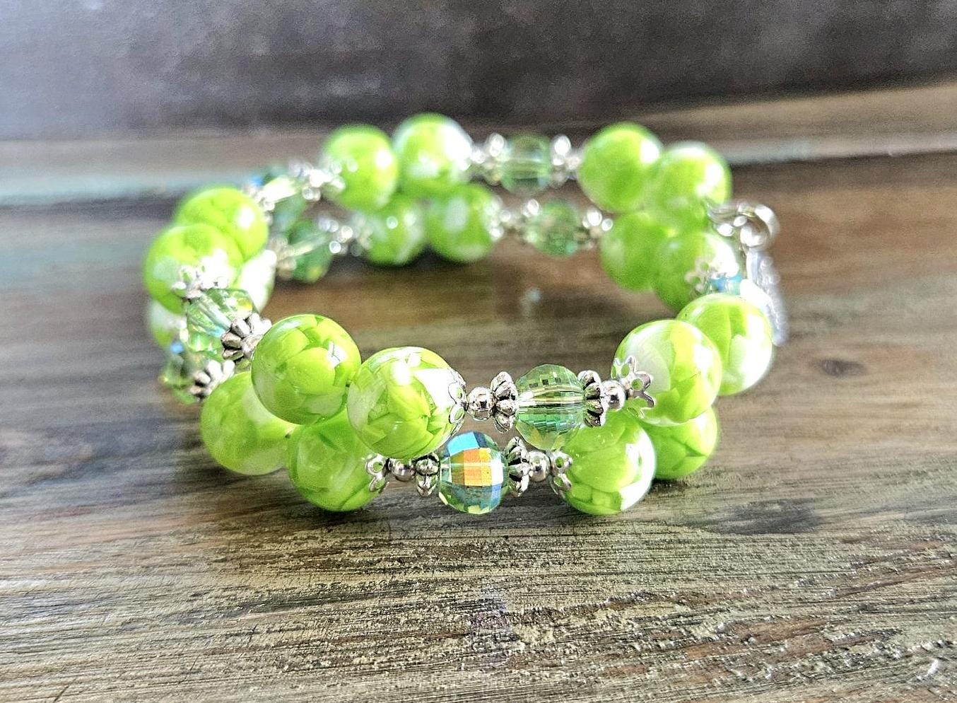 Lime Green Beaded Bracelet: Resin, Glass, Silver Cuff Bangle