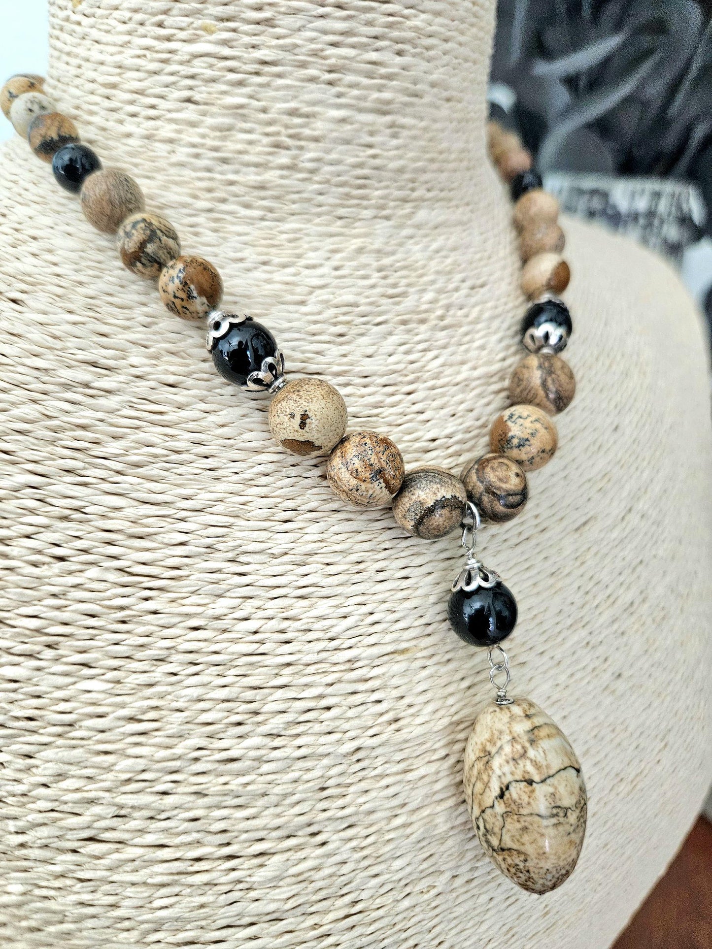 Gemstone Statement Necklace Jasper Black Onyx Sterling Silver: Matching Jewelry Set, Necklace and Earrings