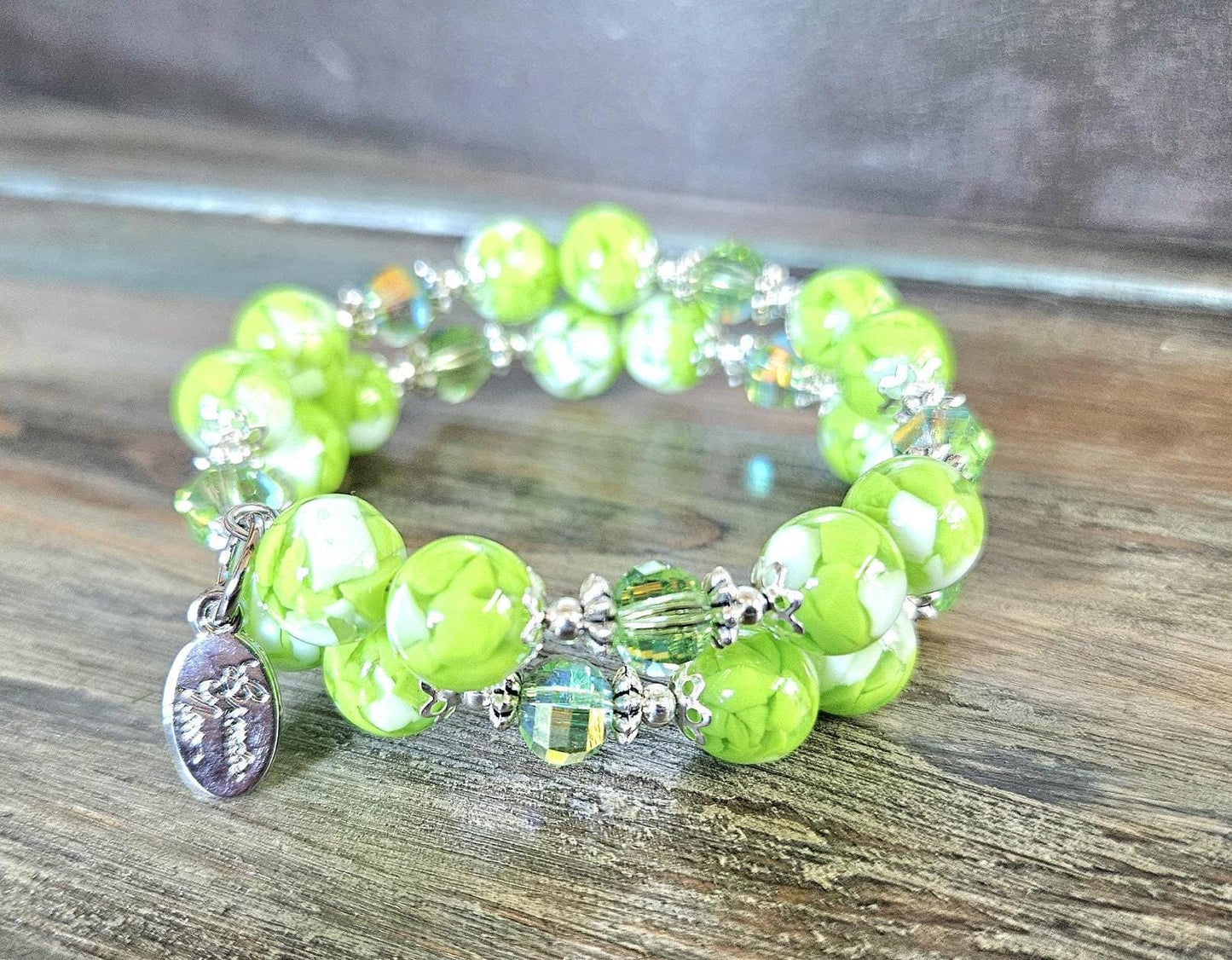 Lime Green Beaded Bracelet: Resin, Glass, Silver Cuff Bangle