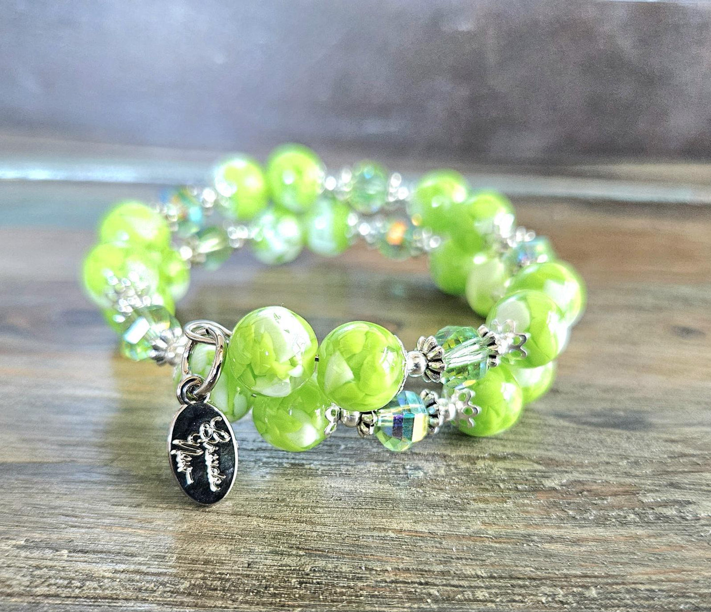 Lime Green Beaded Bracelet: Resin, Glass, Silver Cuff Bangle