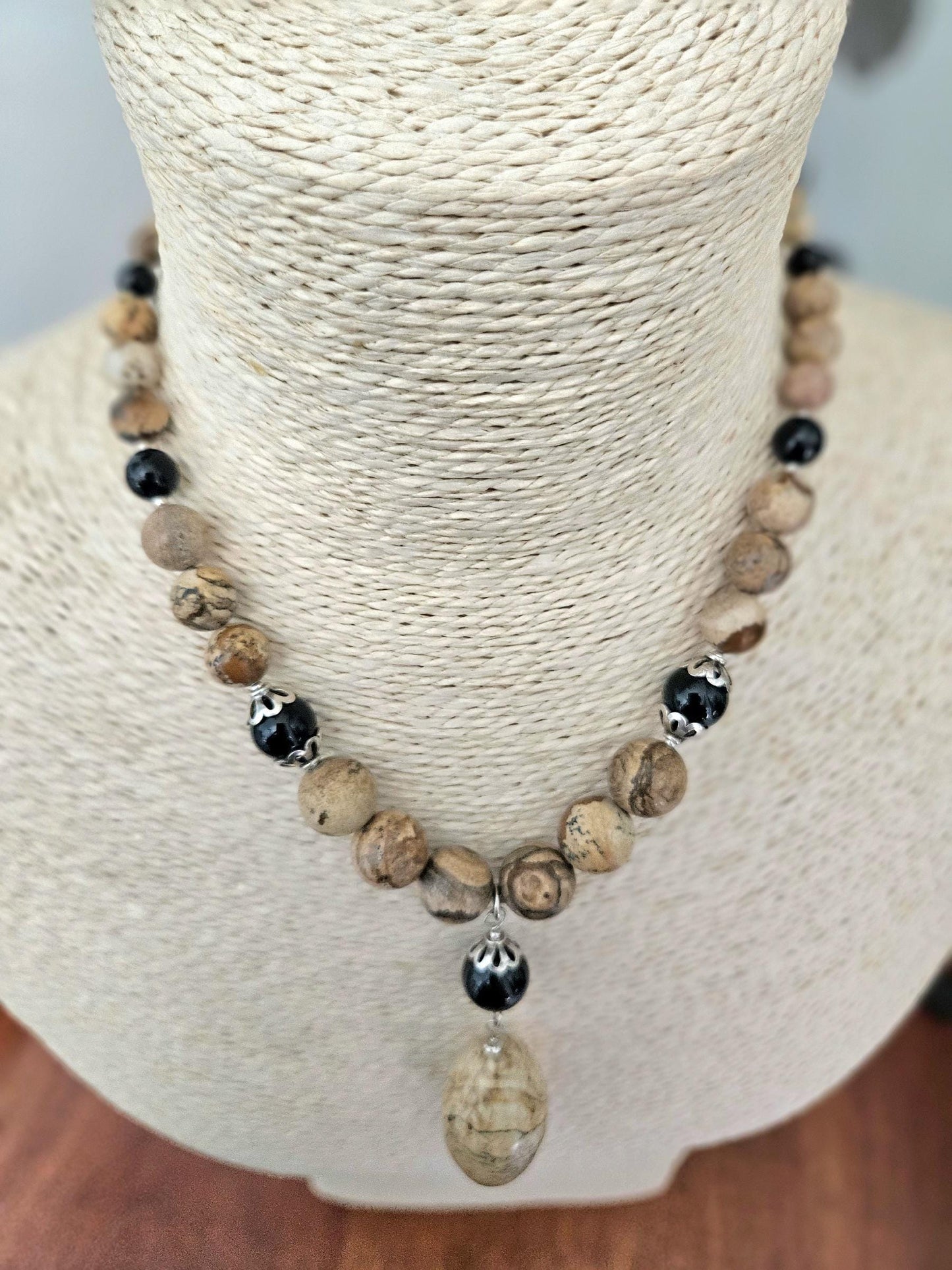 Gemstone Statement Necklace Jasper Black Onyx Sterling Silver: Matching Jewelry Set, Necklace and Earrings