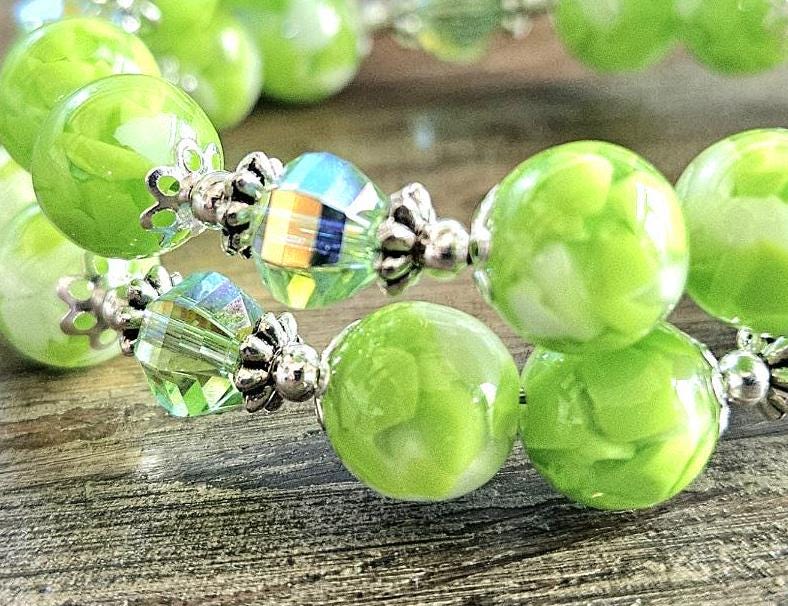 Lime Green Beaded Bracelet: Resin, Glass, Silver Cuff Bangle