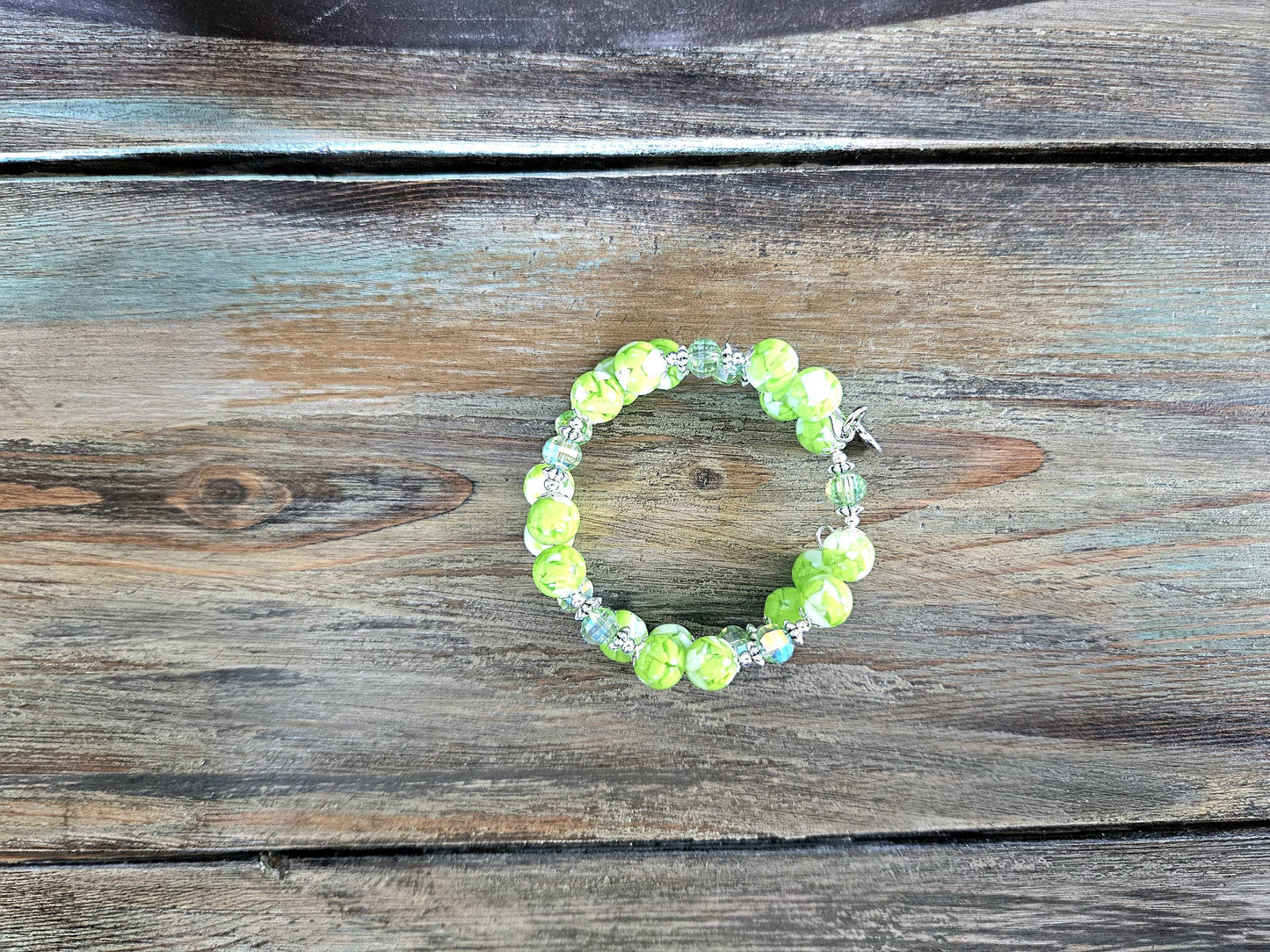 Lime Green Beaded Bracelet: Resin, Glass, Silver Cuff Bangle