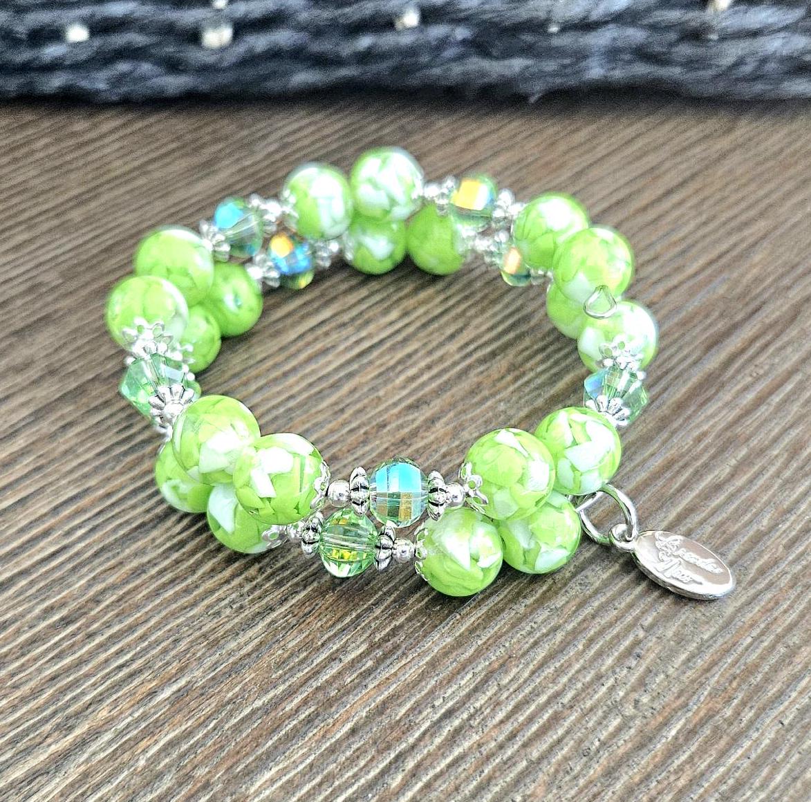 Lime Green Beaded Bracelet: Resin, Glass, Silver Cuff Bangle