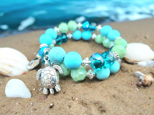 Beach Turtle Charm Bracelet Beaded Handmade Stretch: Turquoise Gemstone Glass