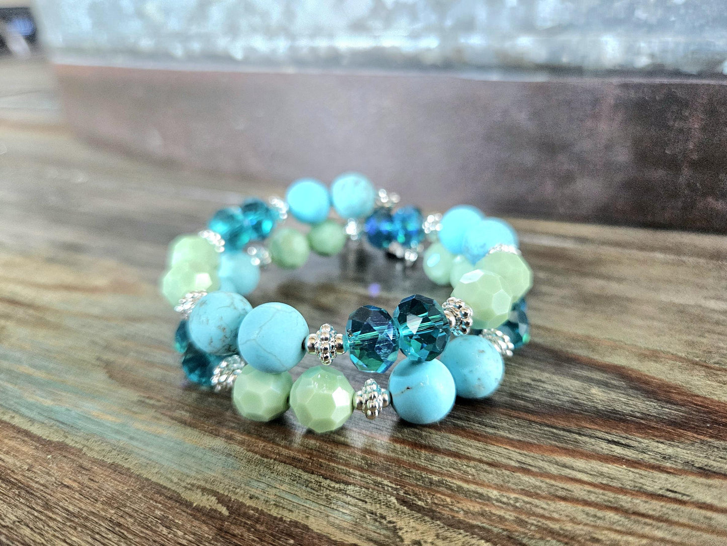 Beach Turtle Charm Bracelet Beaded Handmade Stretch: Turquoise Gemstone Glass