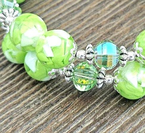 Lime Green Beaded Bracelet: Resin, Glass, Silver Cuff Bangle