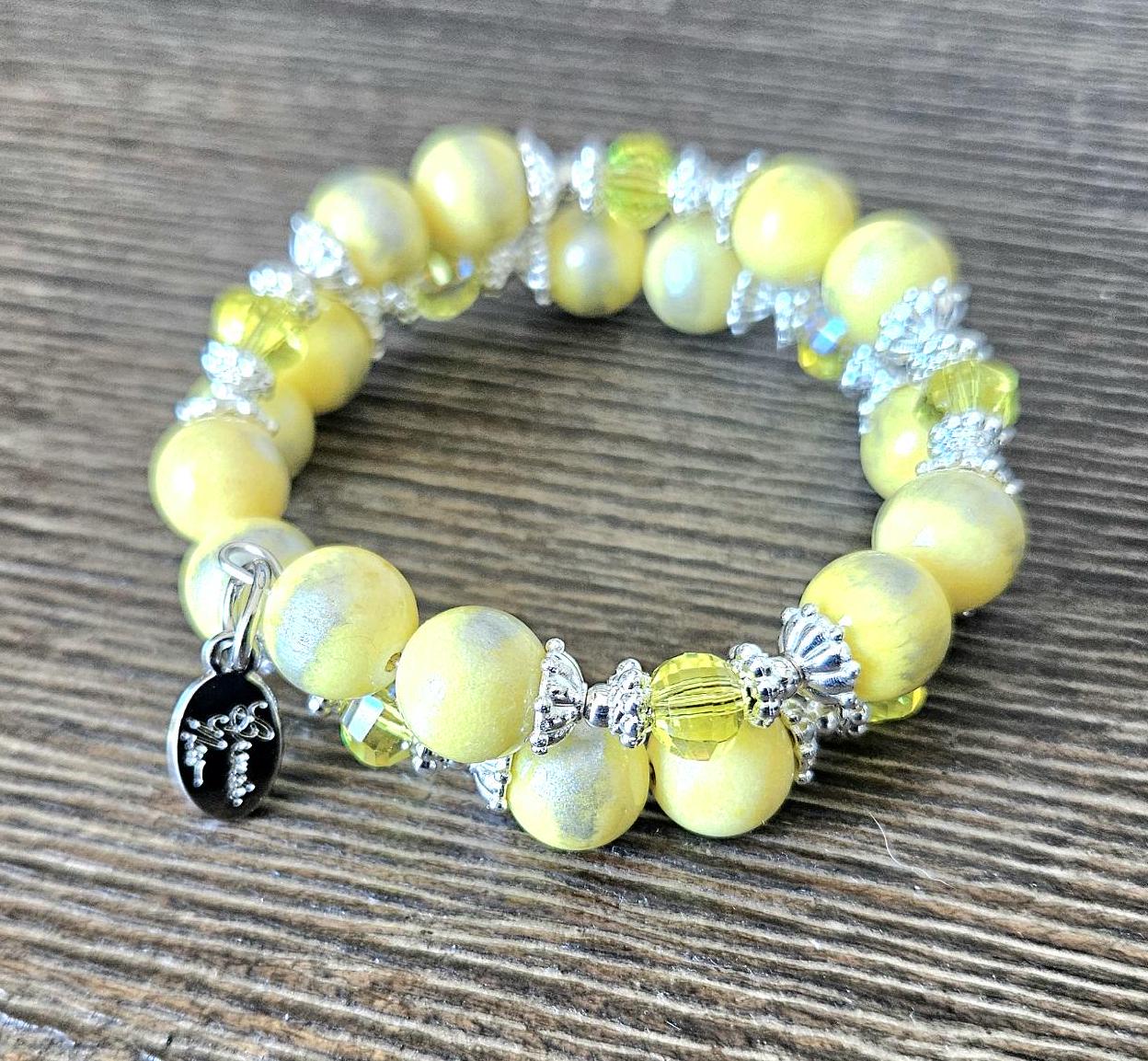 Yellow Bracelet Beaded Stretch Gemstone Jade : Silver Accents, Women's Gift, Handmade