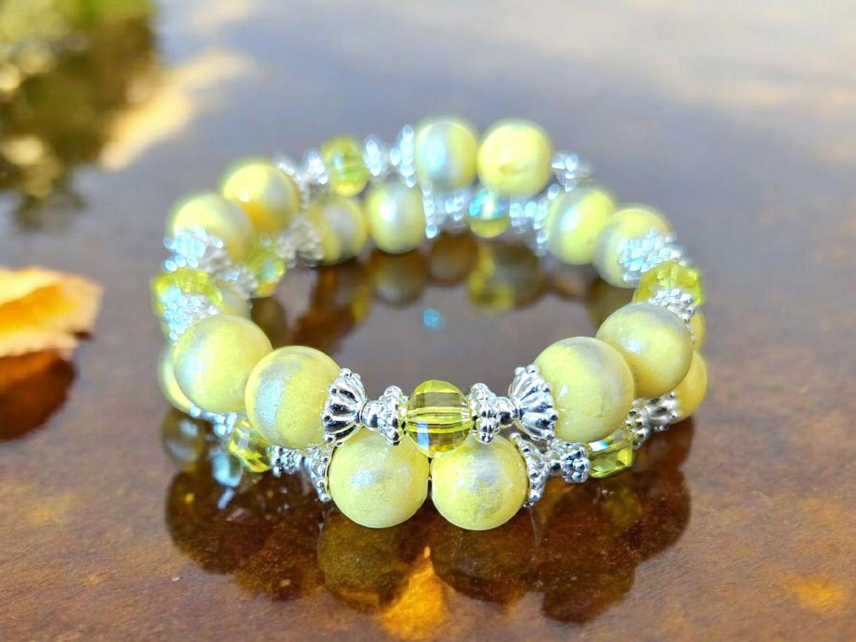 Yellow Bracelet Beaded Stretch Gemstone Jade : Silver Accents, Women's Gift, Handmade