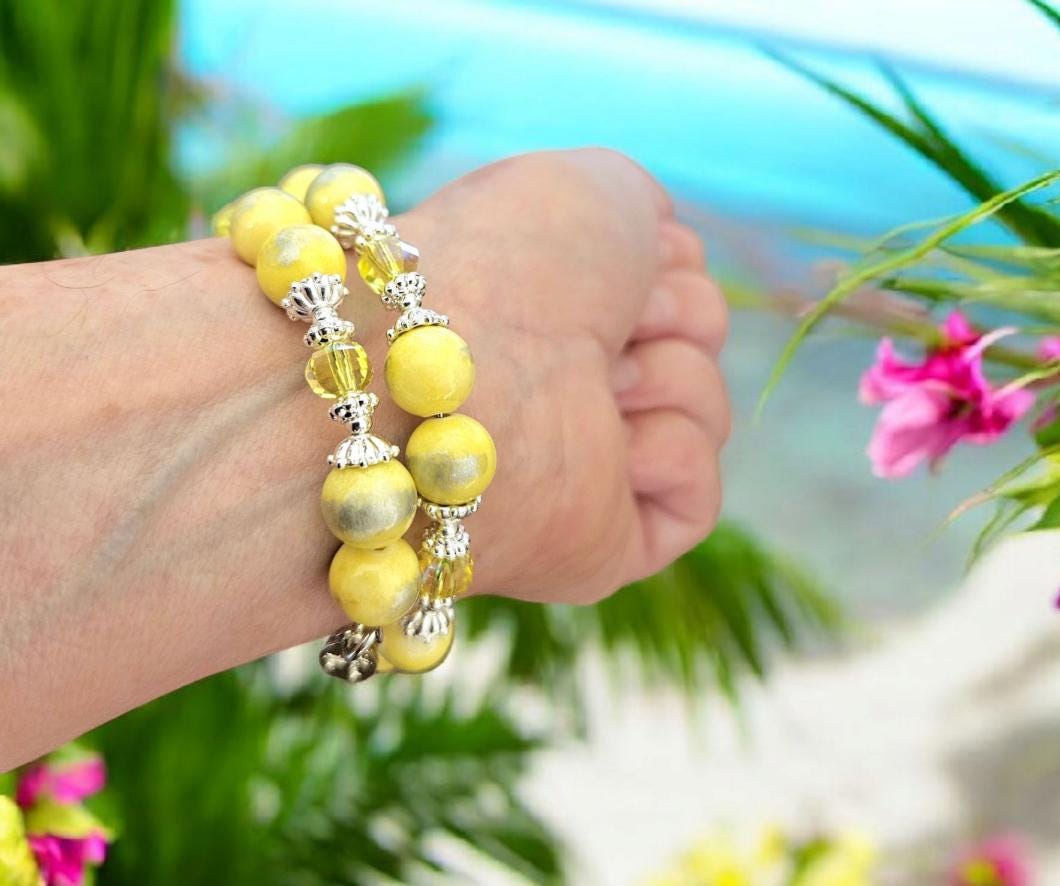 Yellow Bracelet Beaded Stretch Gemstone Jade : Silver Accents, Women's Gift, Handmade