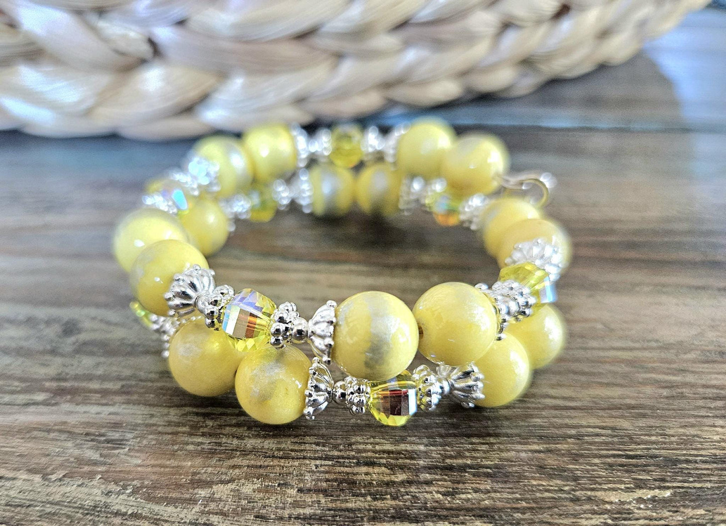 Yellow Bracelet Beaded Stretch Gemstone Jade : Silver Accents, Women's Gift, Handmade