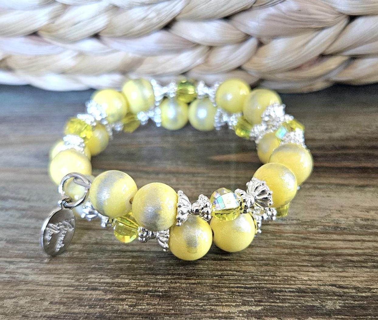 Yellow Bracelet Beaded Stretch Gemstone Jade : Silver Accents, Women's Gift, Handmade