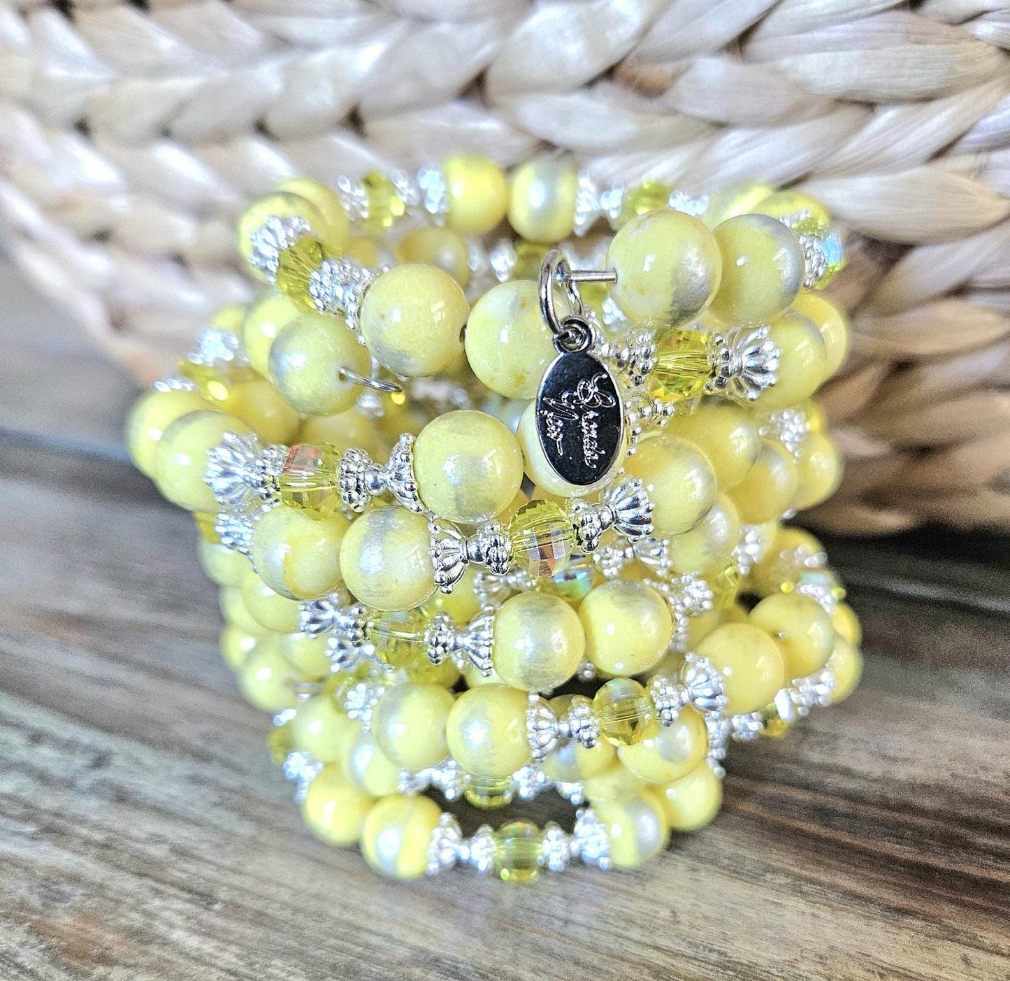 Yellow Bracelet Beaded Stretch Gemstone Jade : Silver Accents, Women's Gift, Handmade