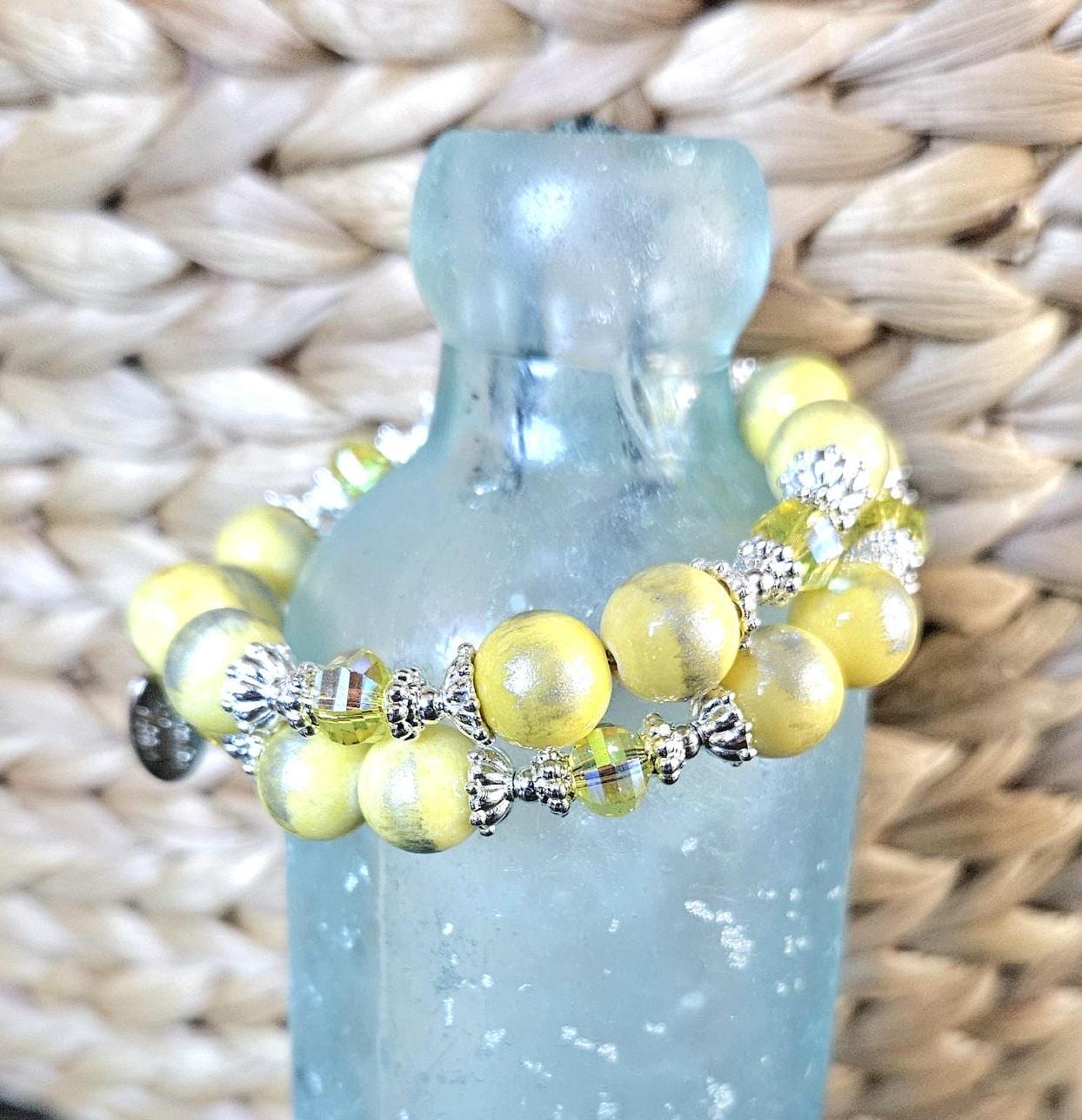 Yellow Bracelet Beaded Stretch Gemstone Jade : Silver Accents, Women's Gift, Handmade