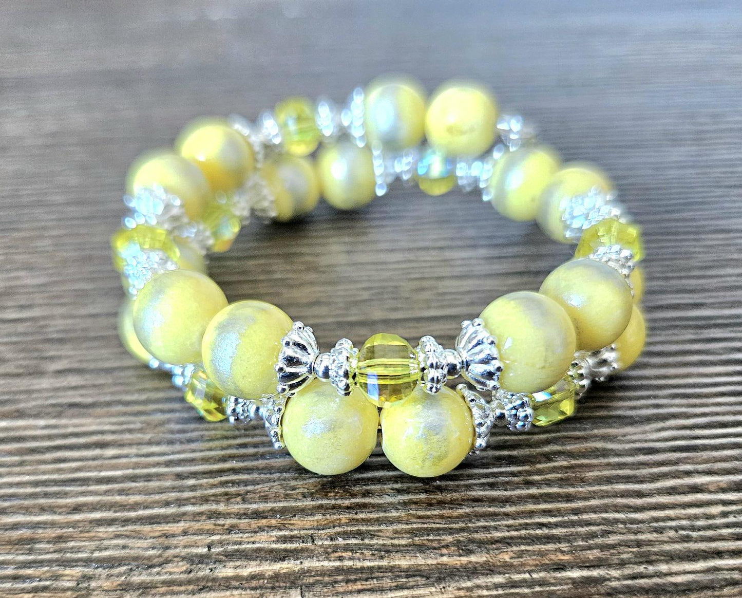 Yellow Bracelet Beaded Stretch Gemstone Jade : Silver Accents, Women's Gift, Handmade