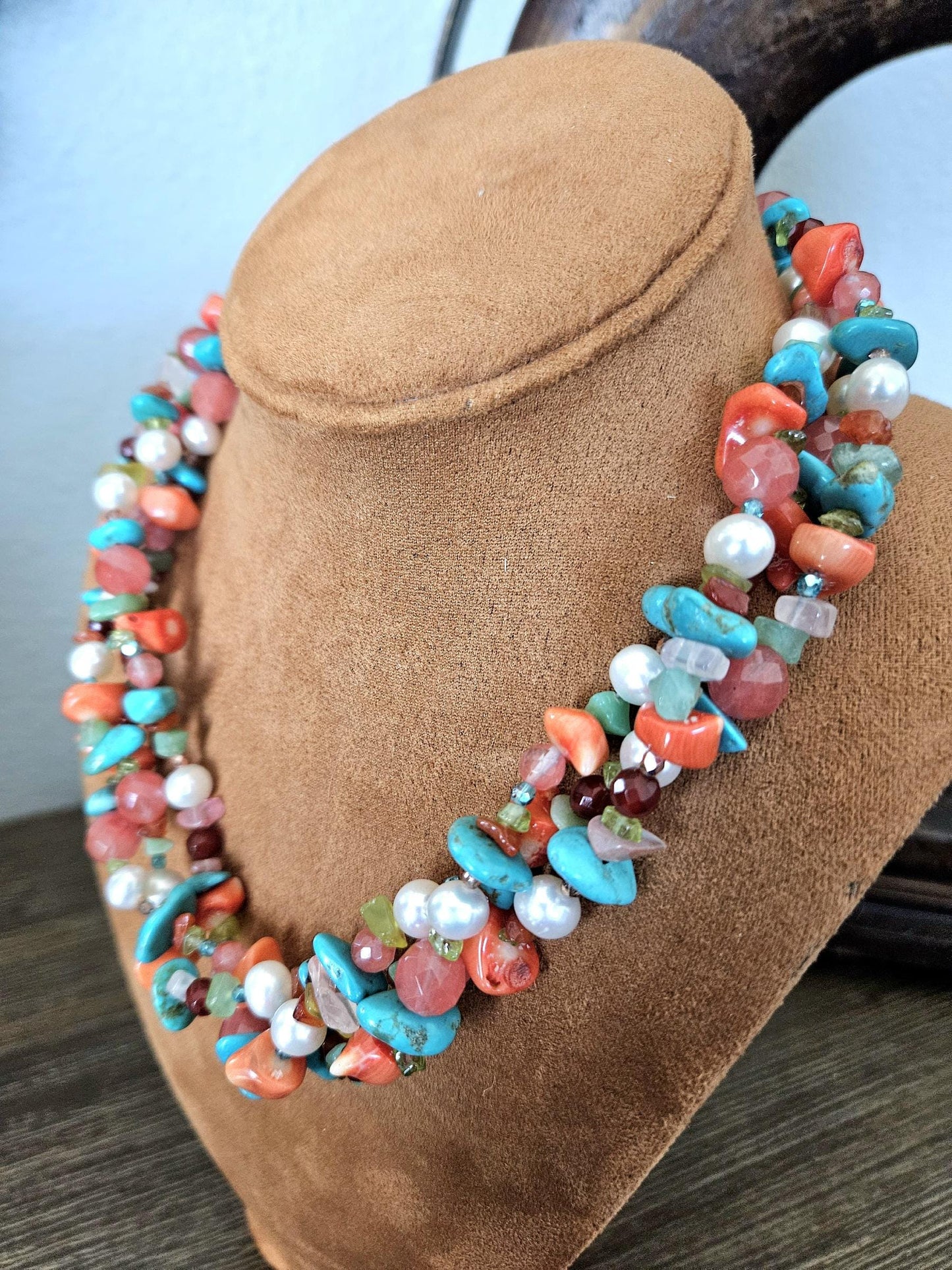 Multi Strand Gemstone Necklace: Triple Strand, Turquoise, Pearl, Quartz, Coral, Amazonite, Peridot, Carnelian