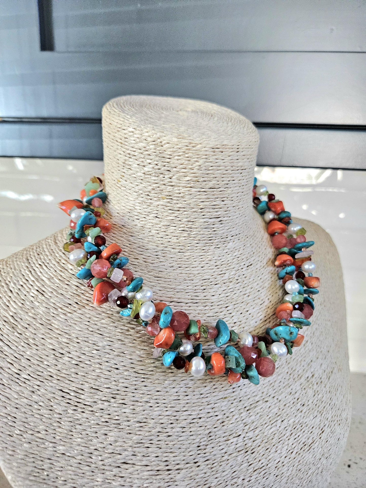 Multi Strand Gemstone Necklace: Triple Strand, Turquoise, Pearl, Quartz, Coral, Amazonite, Peridot, Carnelian
