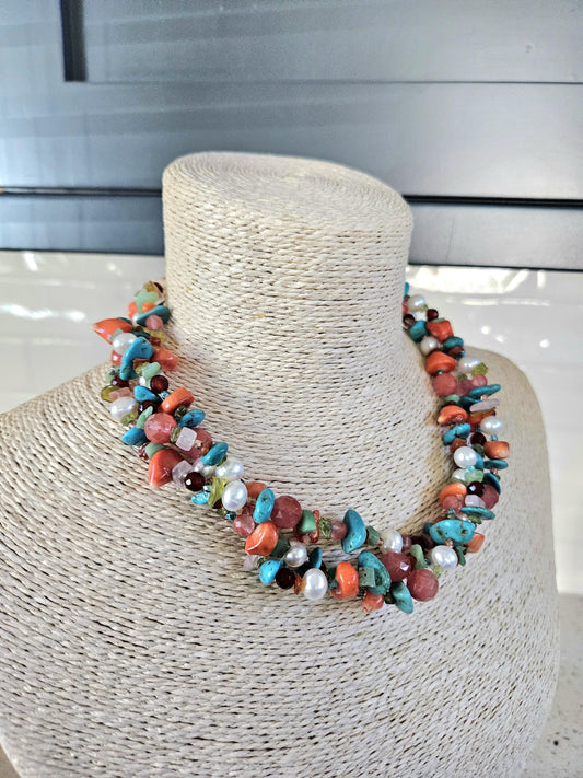 Multi Strand Gemstone Necklace: Triple Strand, Turquoise, Pearl, Quartz, Coral, Amazonite, Peridot, Carnelian