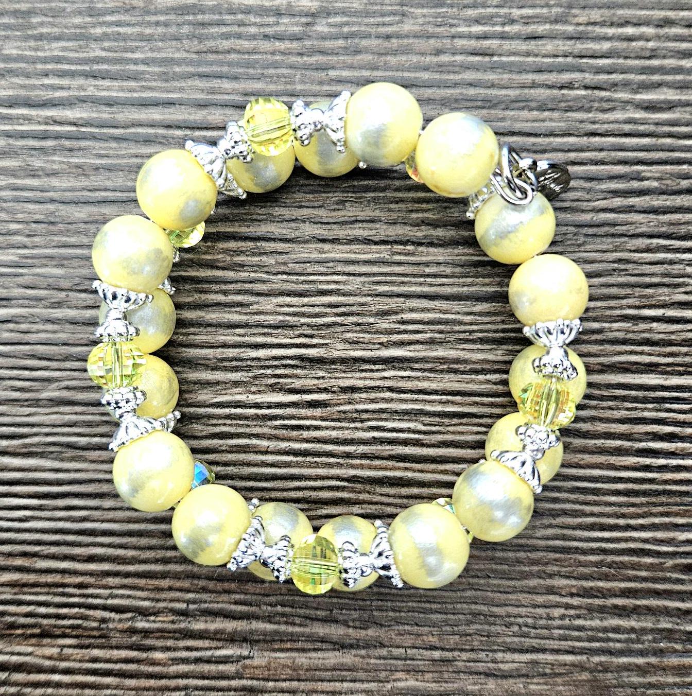 Yellow Bracelet Beaded Stretch Gemstone Jade : Silver Accents, Women's Gift, Handmade