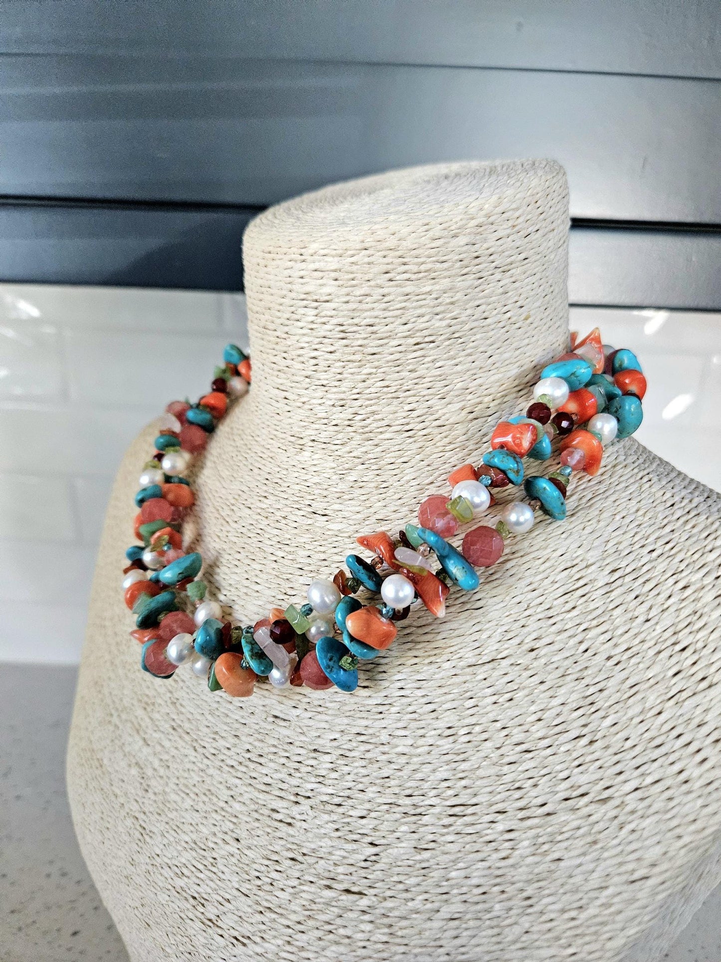 Multi Strand Gemstone Necklace: Triple Strand, Turquoise, Pearl, Quartz, Coral, Amazonite, Peridot, Carnelian