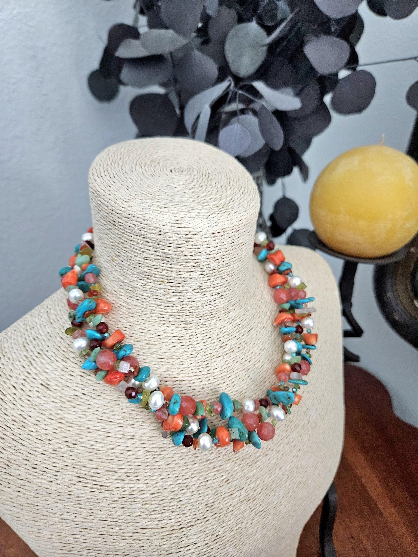 Multi Strand Gemstone Necklace: Triple Strand, Turquoise, Pearl, Quartz, Coral, Amazonite, Peridot, Carnelian