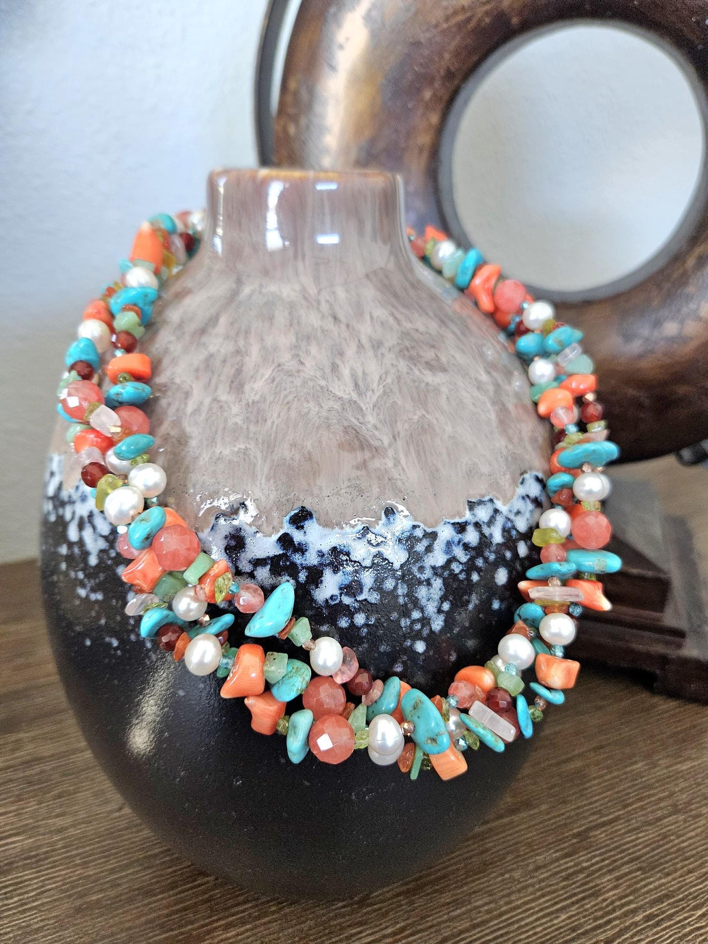 Multi Strand Gemstone Necklace: Triple Strand, Turquoise, Pearl, Quartz, Coral, Amazonite, Peridot, Carnelian