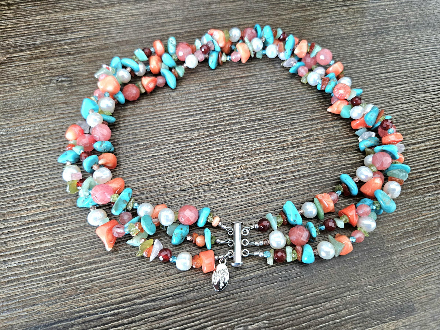Multi Strand Gemstone Necklace: Triple Strand, Turquoise, Pearl, Quartz, Coral, Amazonite, Peridot, Carnelian