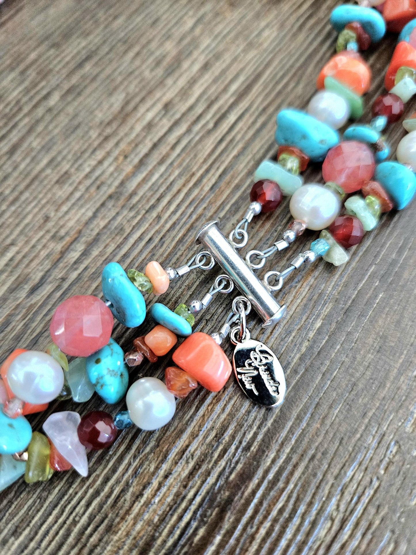 Multi Strand Gemstone Necklace: Triple Strand, Turquoise, Pearl, Quartz, Coral, Amazonite, Peridot, Carnelian