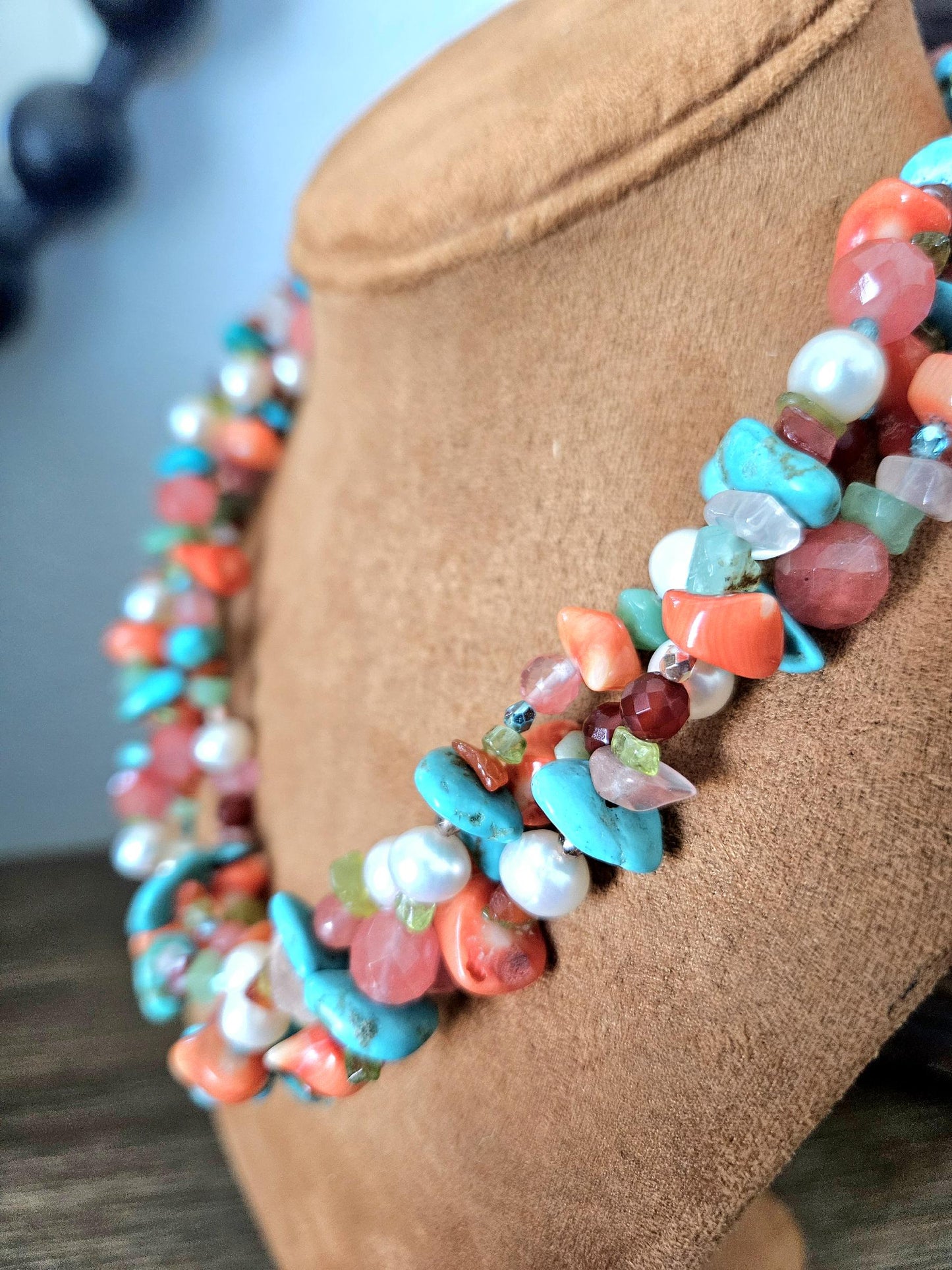 Multi Strand Gemstone Necklace: Triple Strand, Turquoise, Pearl, Quartz, Coral, Amazonite, Peridot, Carnelian