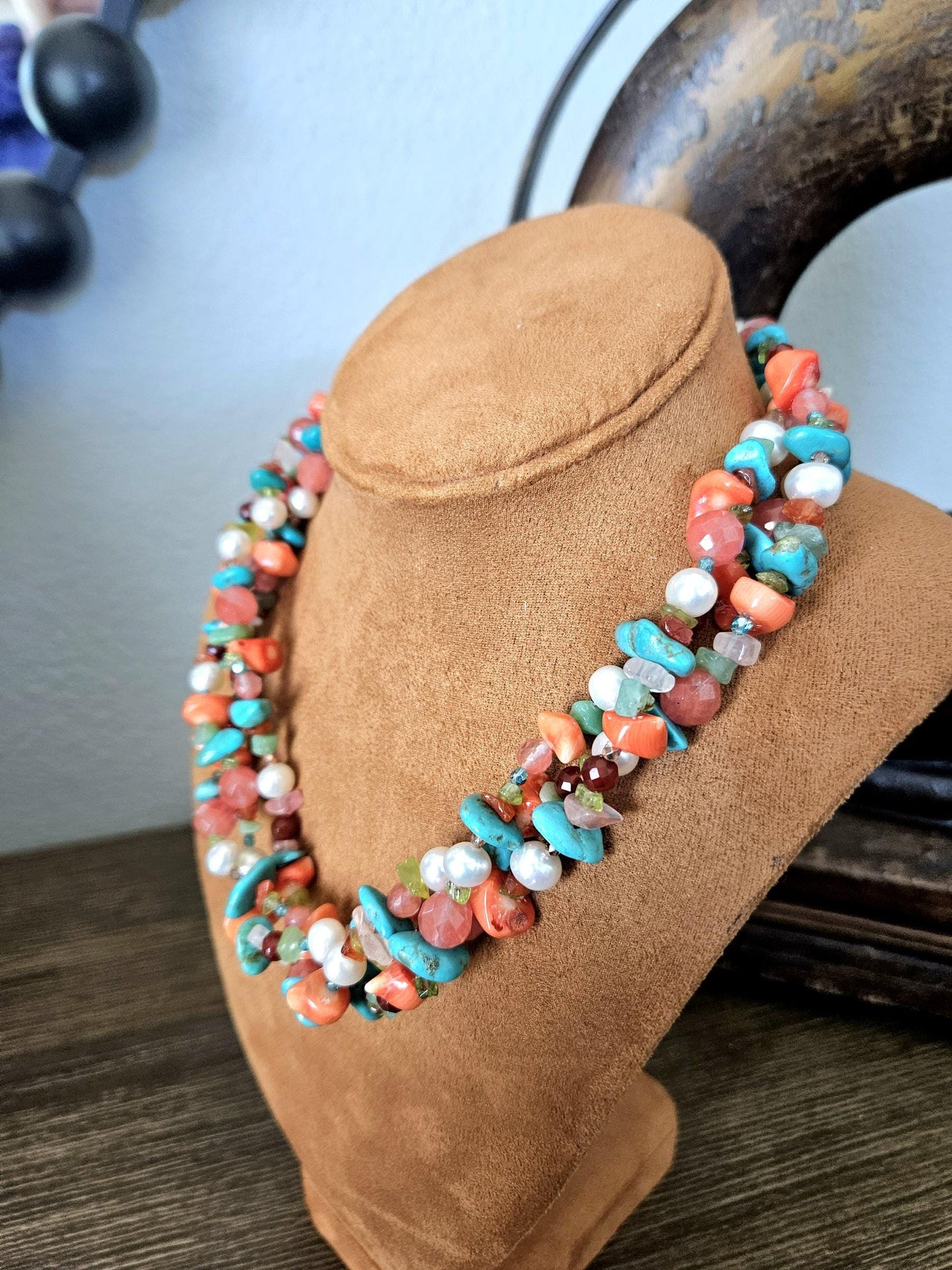 Multi Strand Gemstone Necklace: Triple Strand, Turquoise, Pearl, Quartz, Coral, Amazonite, Peridot, Carnelian