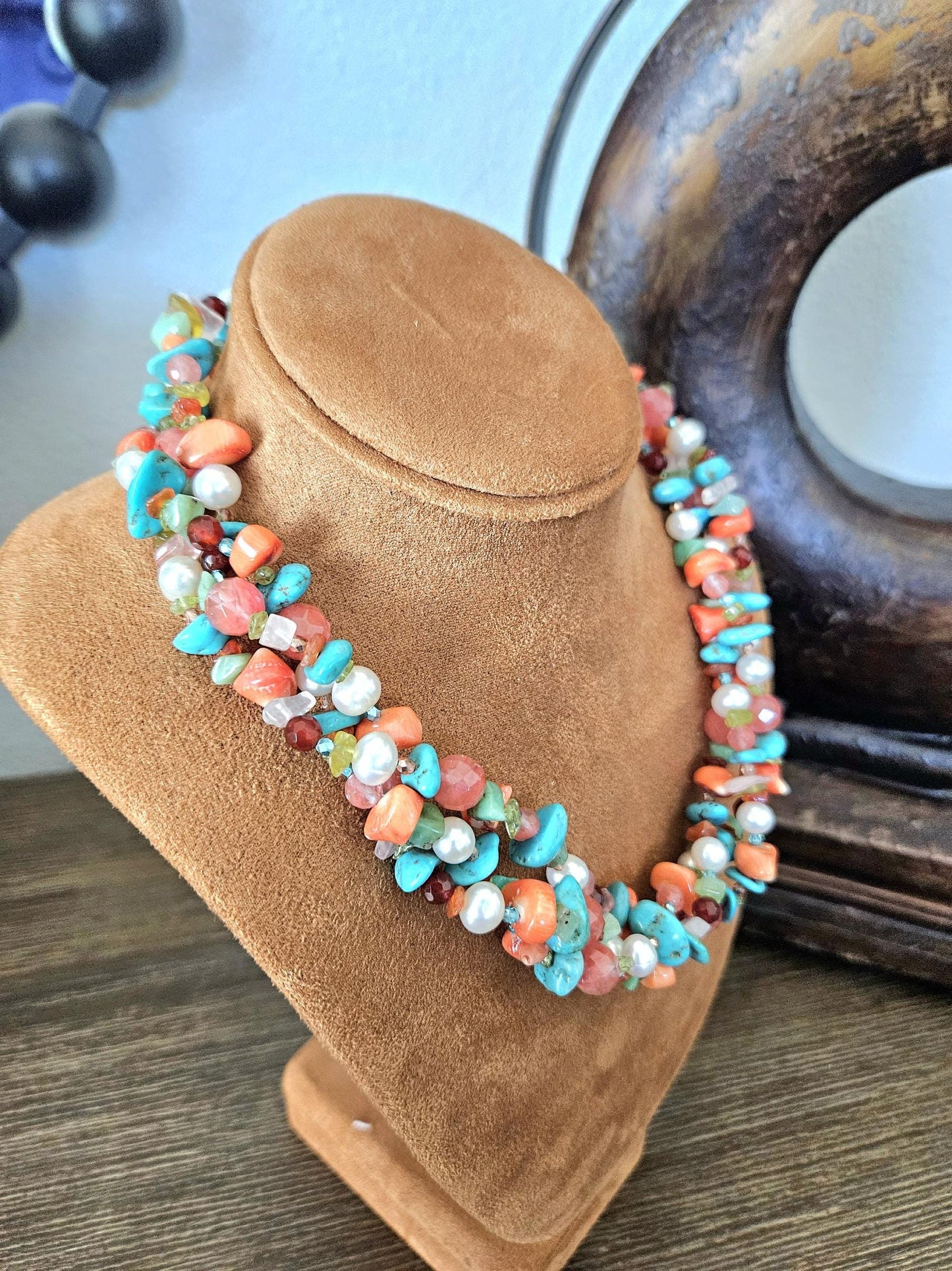 Multi Strand Gemstone Necklace: Triple Strand, Turquoise, Pearl, Quartz, Coral, Amazonite, Peridot, Carnelian