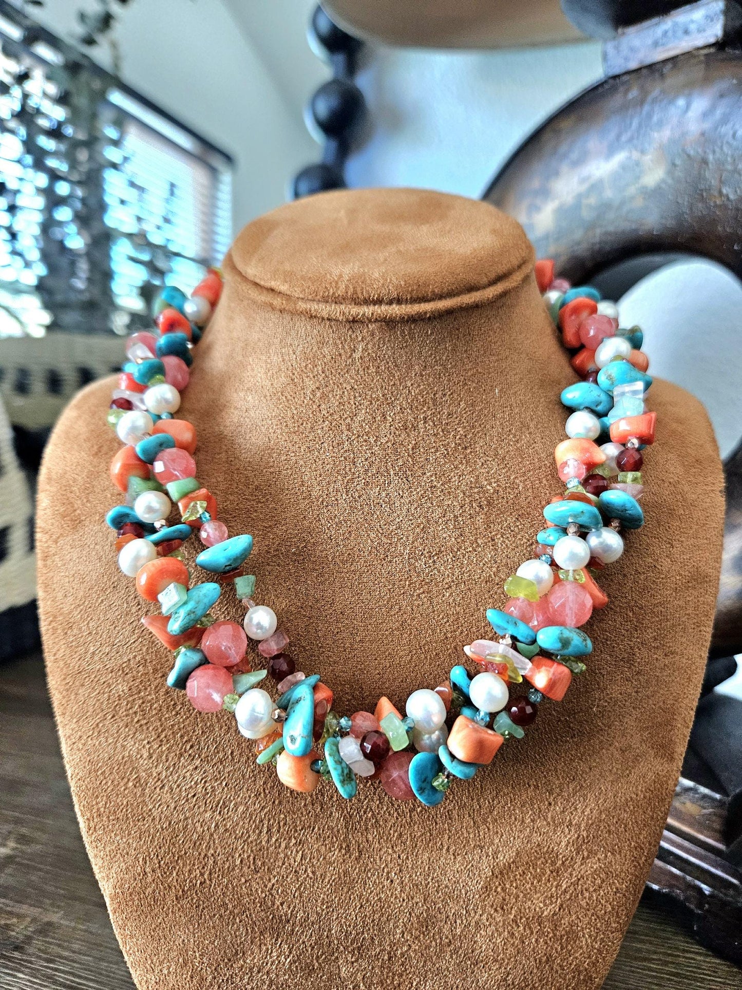 Multi Strand Gemstone Necklace: Triple Strand, Turquoise, Pearl, Quartz, Coral, Amazonite, Peridot, Carnelian