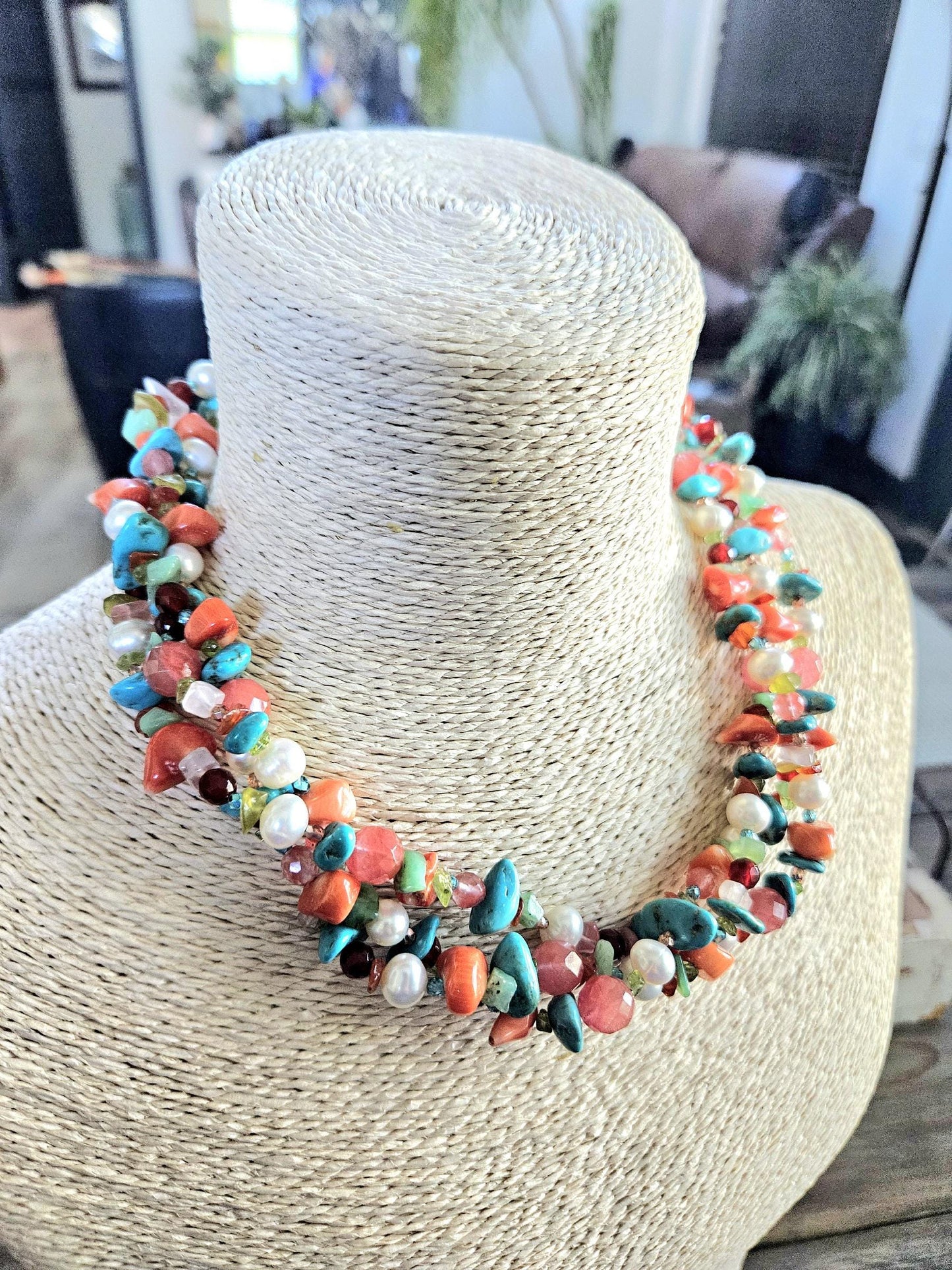 Multi Strand Gemstone Necklace: Triple Strand, Turquoise, Pearl, Quartz, Coral, Amazonite, Peridot, Carnelian