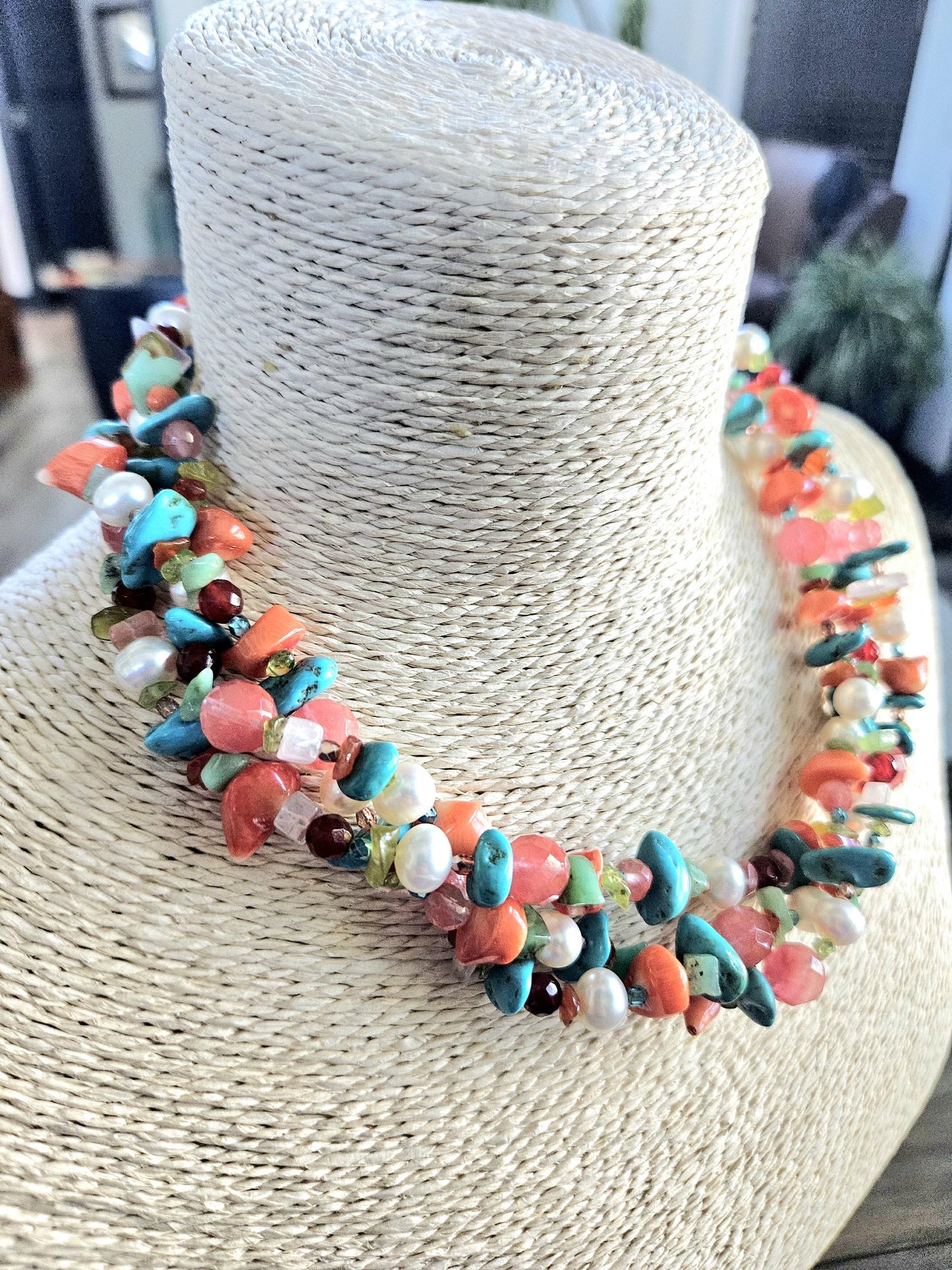 Multi Strand Gemstone Necklace: Triple Strand, Turquoise, Pearl, Quartz, Coral, Amazonite, Peridot, Carnelian