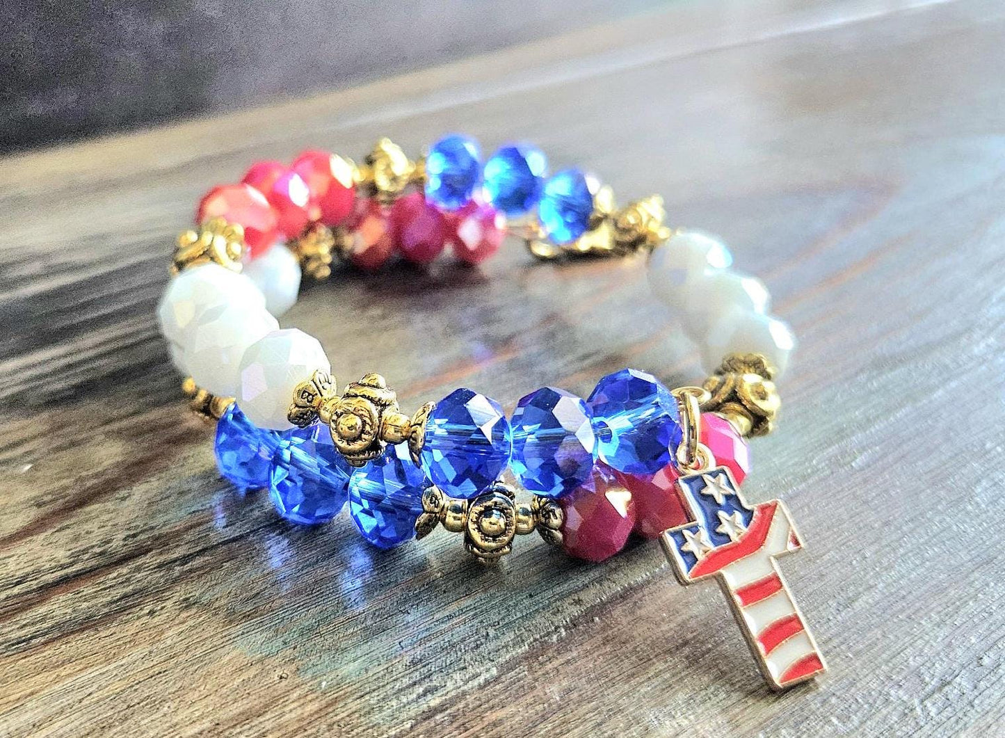 Patriotic Bracelet Red White Blue Flag USA Military American Women's July 4th Jewelry Gift