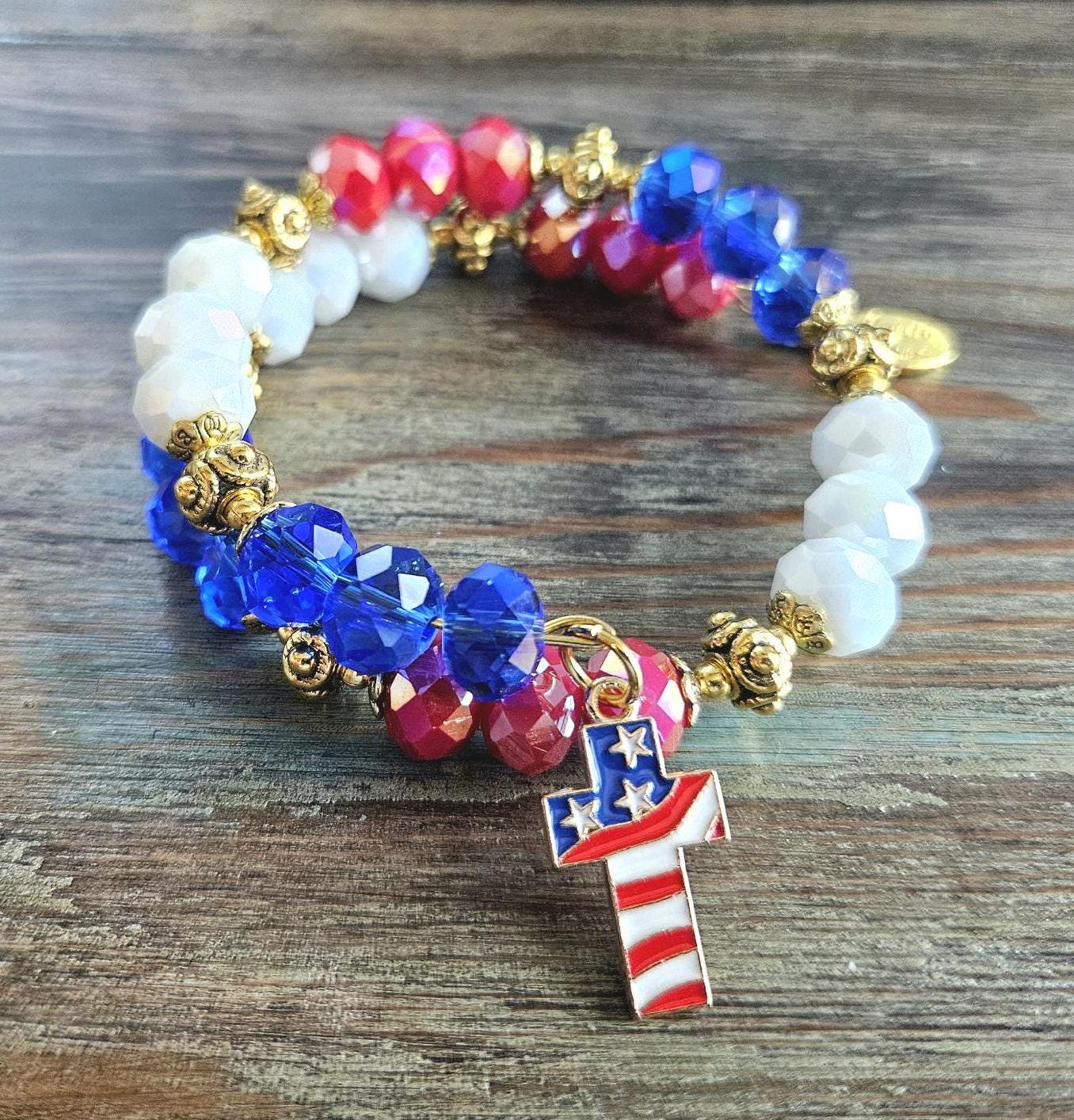 Patriotic Bracelet Red White Blue Flag USA Military American Women's July 4th Jewelry Gift