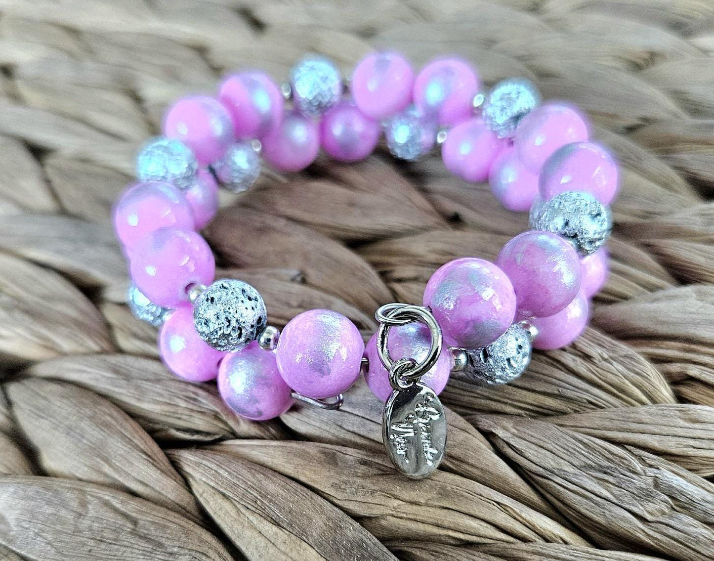 Pink Bracelet Beaded Gemstone Stretch Jade: Handmade Silver Jewelry, Women's Gift