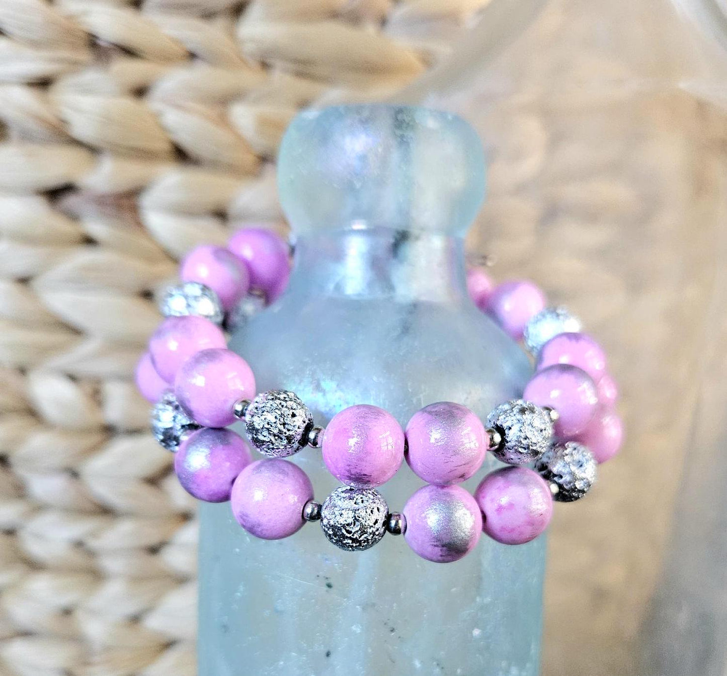 Pink Bracelet Beaded Gemstone Stretch Jade: Handmade Silver Jewelry, Women's Gift