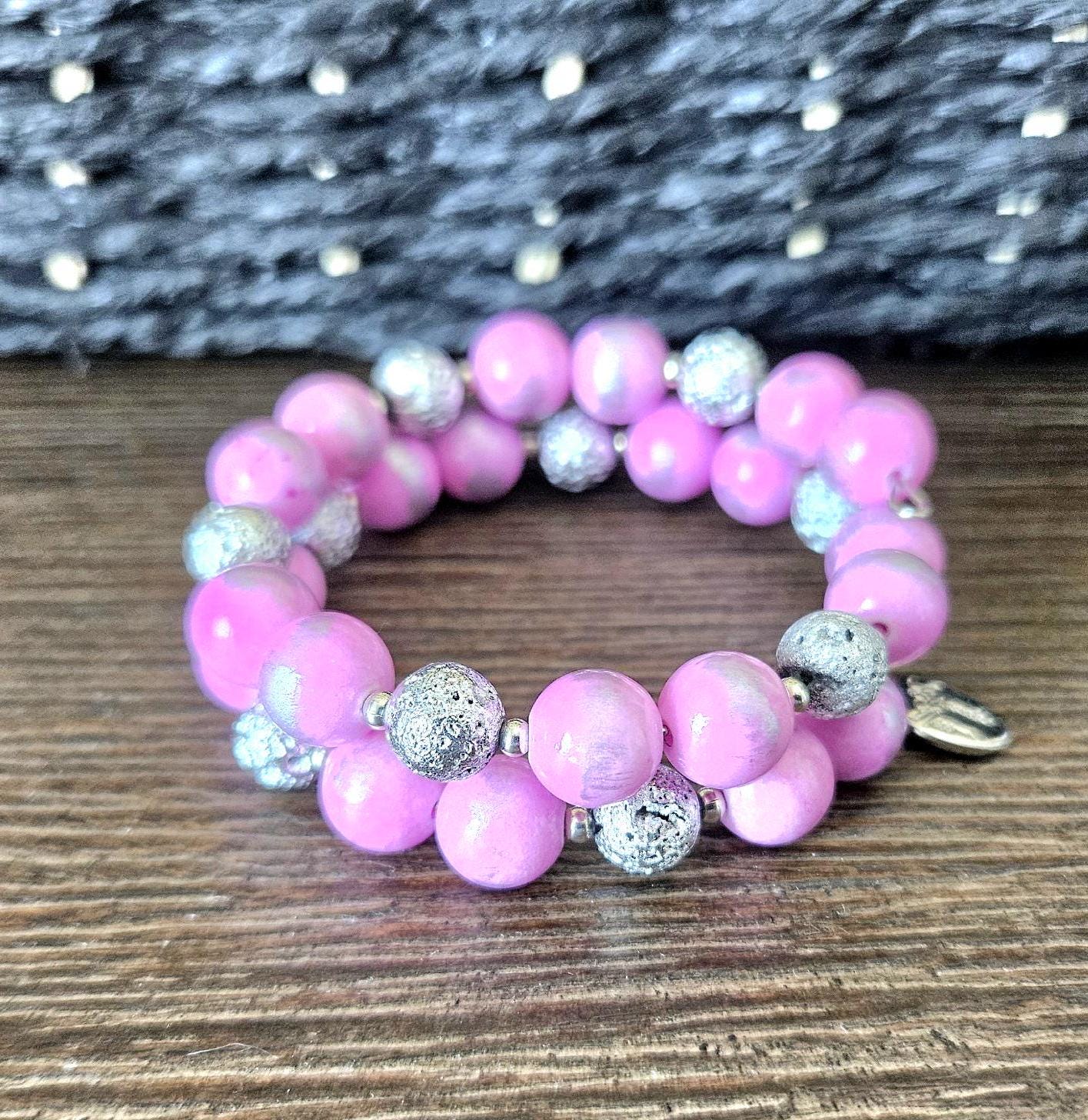 Pink Bracelet Beaded Gemstone Stretch Jade: Handmade Silver Jewelry, Women's Gift