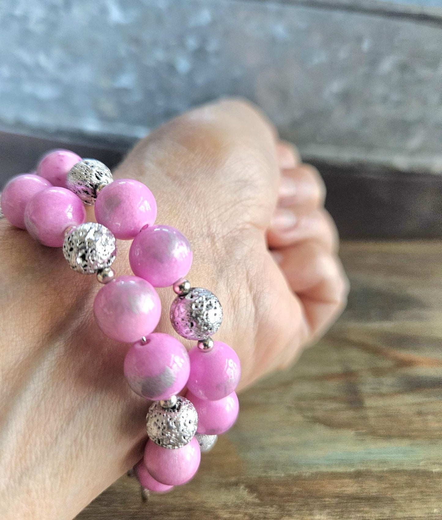 Pink Bracelet Beaded Gemstone Stretch Jade: Handmade Silver Jewelry, Women's Gift